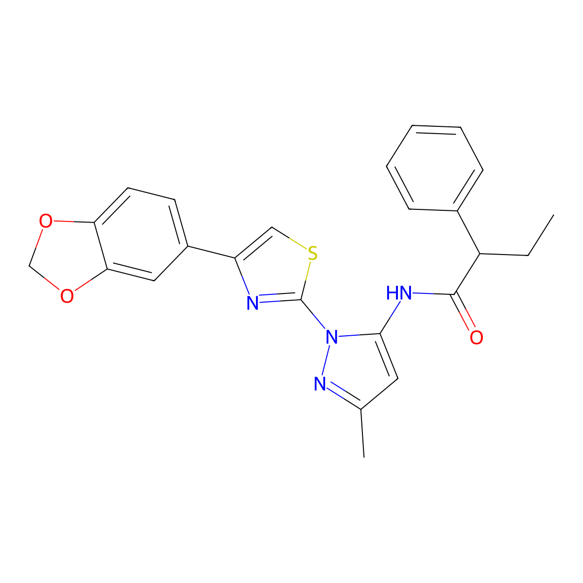 N-(1-(4-(benzo[d][1,3]dioxol-5-yl)thiazol-2-yl)-3-methyl-1H-pyrazol-5-yl)-2-phenylbutanamide molecular structure, CAS 1019101-30-4