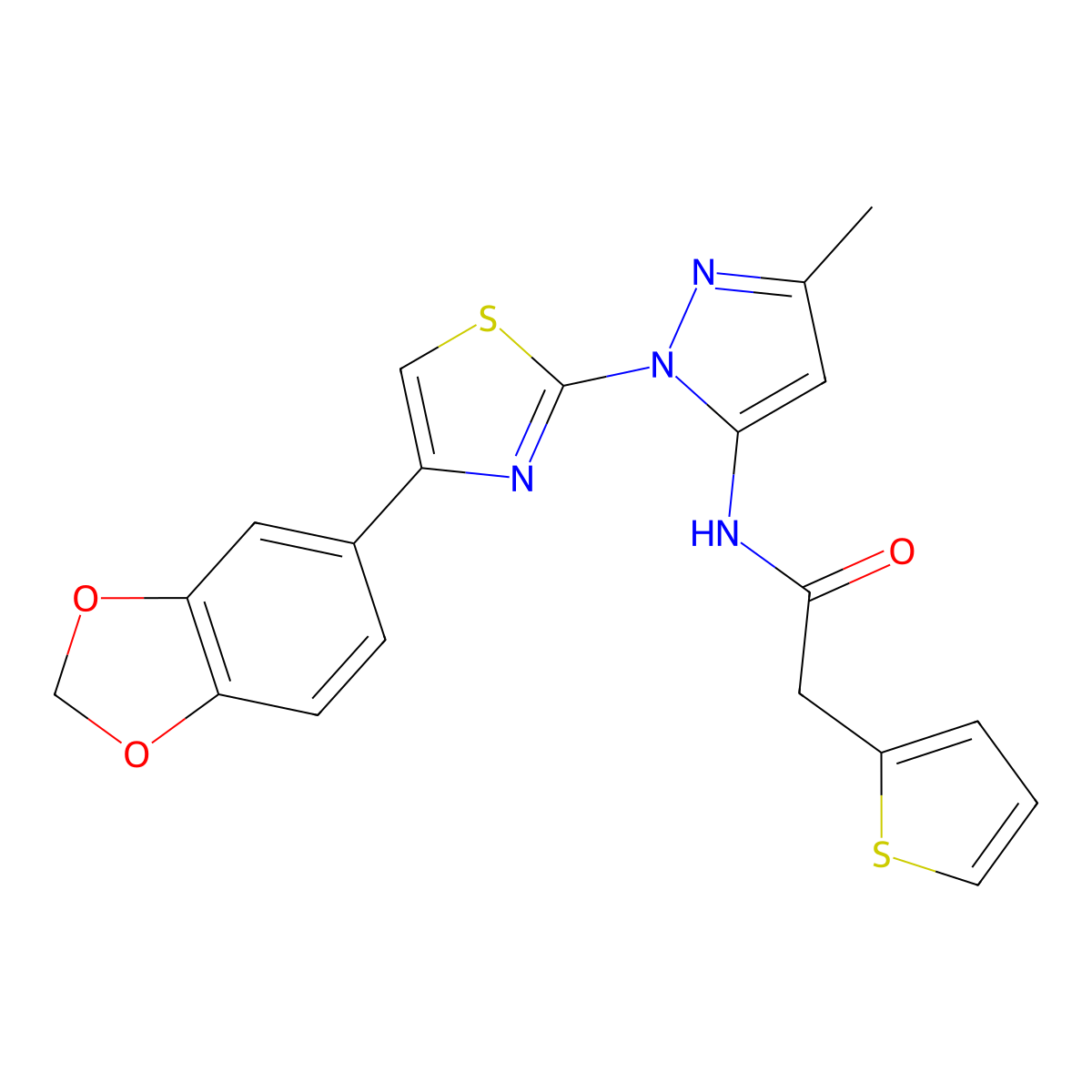 N-(1-(4-(benzo[d][1,3]dioxol-5-yl)thiazol-2-yl)-3-methyl-1H-pyrazol-5-yl)-2-(thiophen-2-yl)acetamide molecular structure, CAS 1019101-31-5