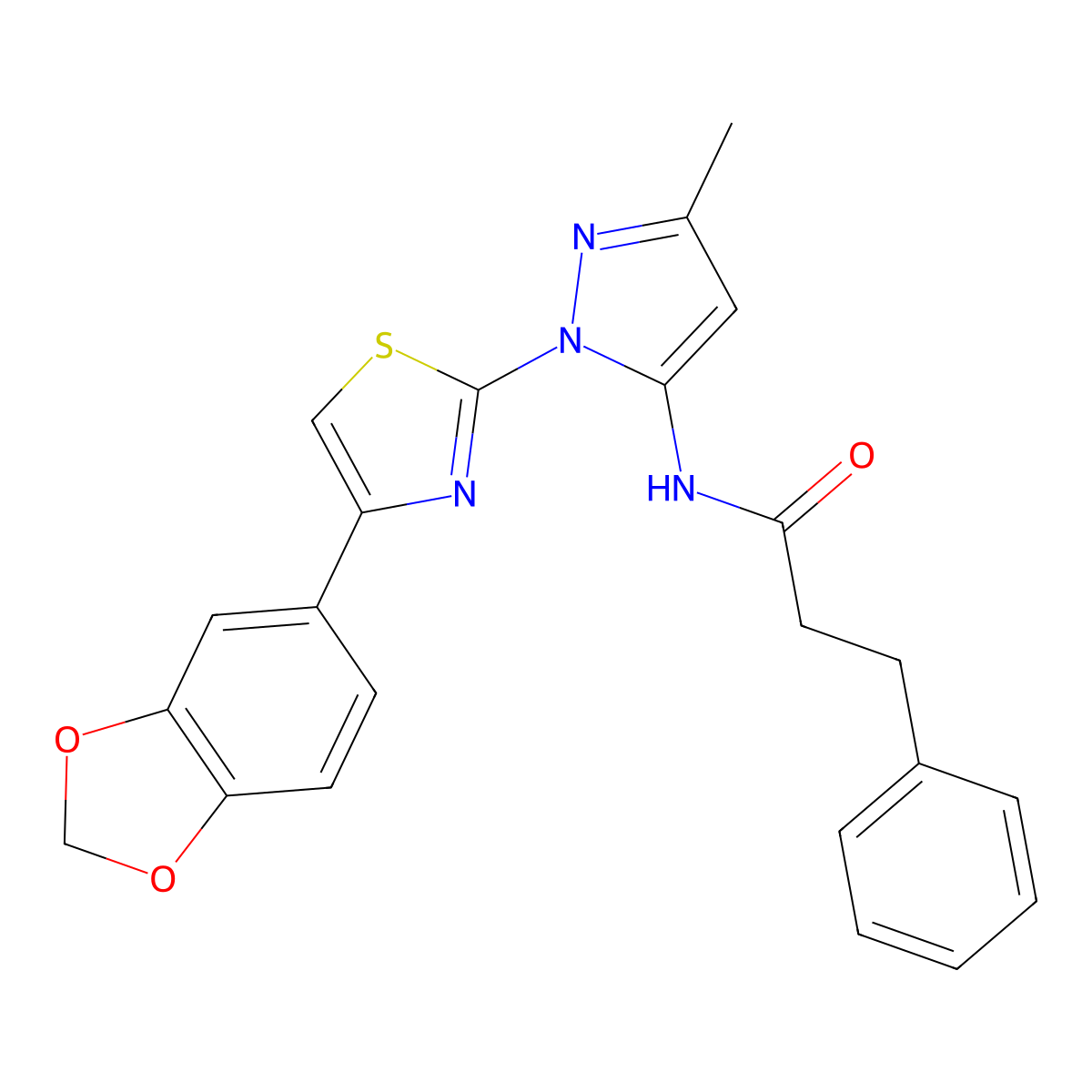 N-(1-(4-(benzo[d][1,3]dioxol-5-yl)thiazol-2-yl)-3-methyl-1H-pyrazol-5-yl)-3-phenylpropanamide molecular structure, CAS 1019101-33-7