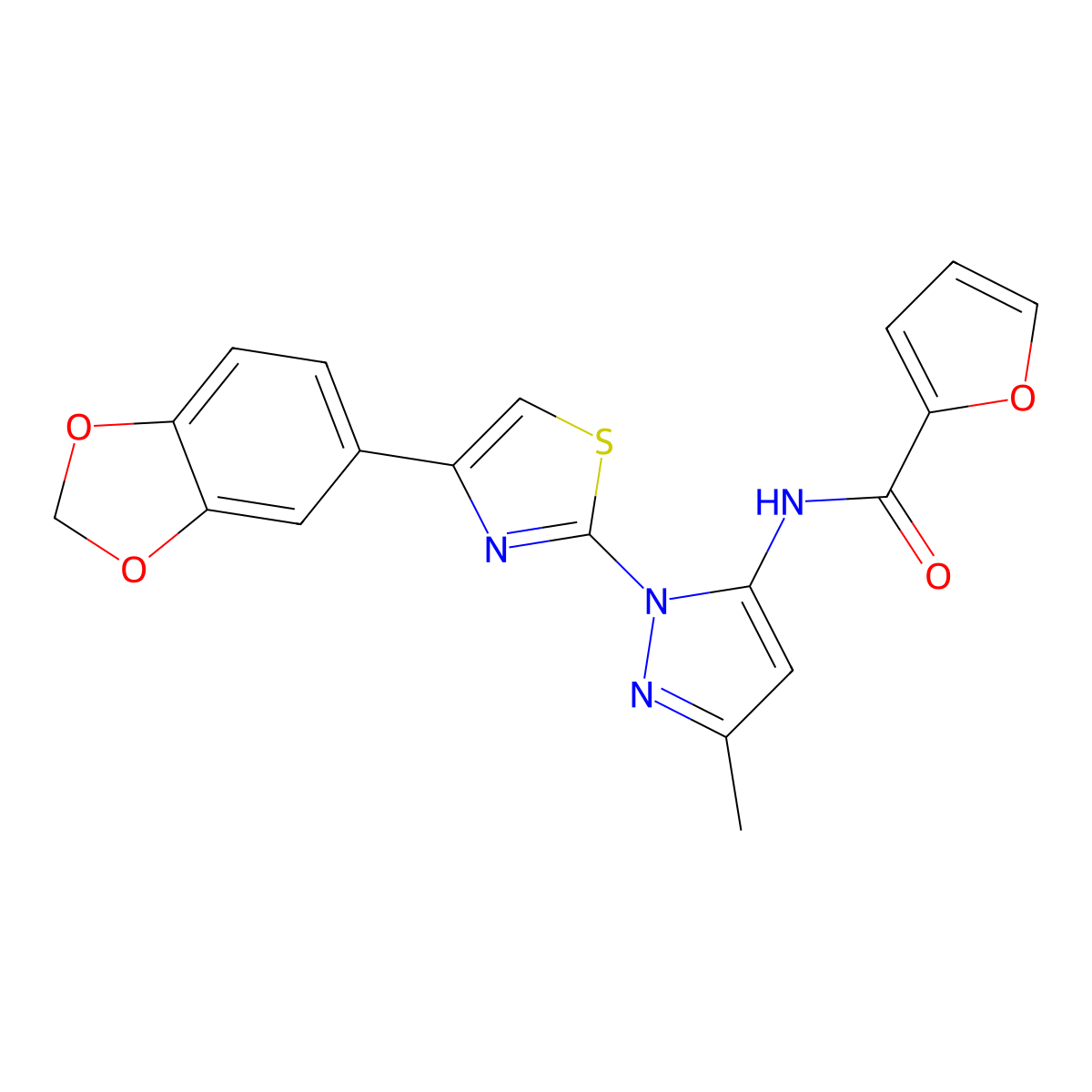 N-(1-(4-(benzo[d][1,3]dioxol-5-yl)thiazol-2-yl)-3-methyl-1H-pyrazol-5-yl)furan-2-carboxamide molecular structure, CAS 1019101-34-8