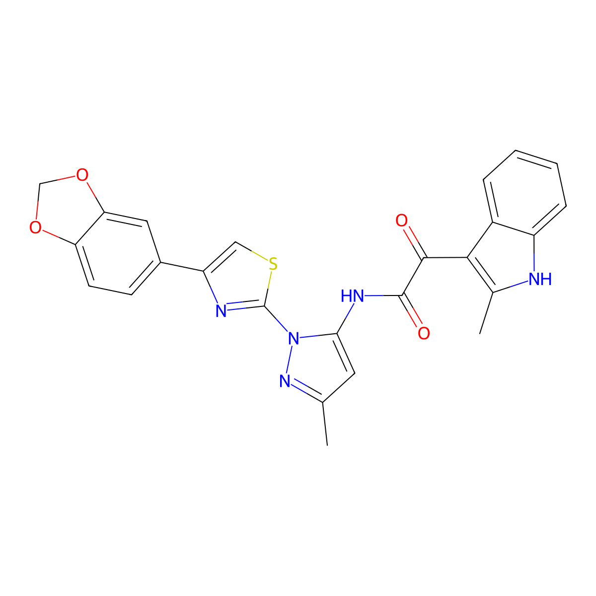 N-(1-(4-(benzo[d][1,3]dioxol-5-yl)thiazol-2-yl)-3-methyl-1H-pyrazol-5-yl)-2-(2-methyl-1H-indol-3-yl)-2-oxoacetamide molecular structure, CAS 1019101-35-9