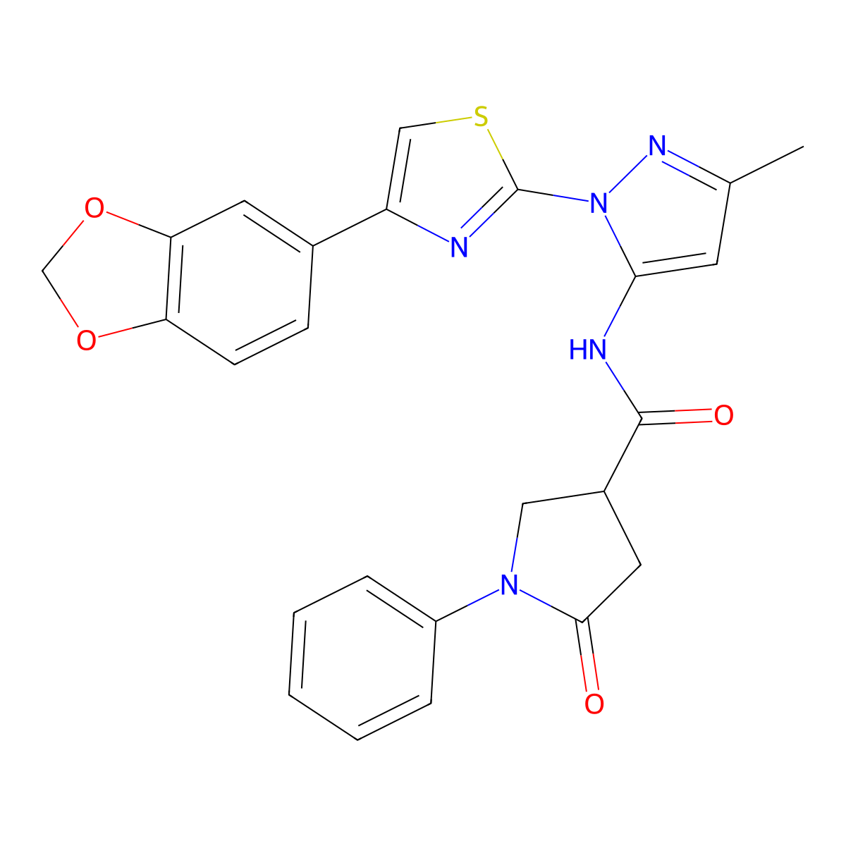 N-{1-[4-(2H-1,3-benzodioxol-5-yl)-1,3-thiazol-2-yl]-3-methyl-1H-pyrazol-5-yl}-5-oxo-1-phenylpyrrolidine-3-carboxamide molecular structure, CAS 1019101-36-0
