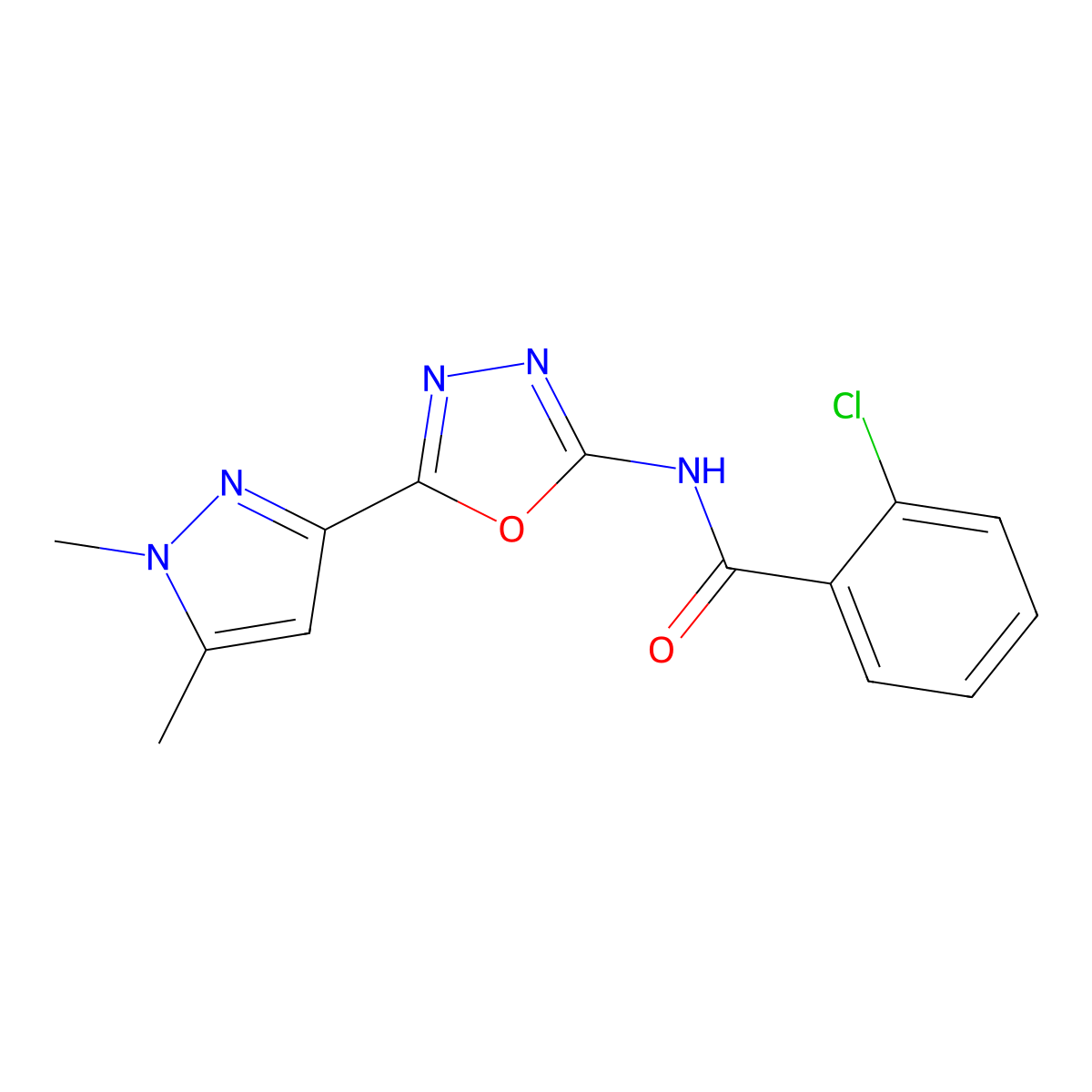 2-chloro-N-[5-(1,5-dimethyl-1H-pyrazol-3-yl)-1,3,4-oxadiazol-2-yl]benzamide molecular structure, CAS 1019101-40-6