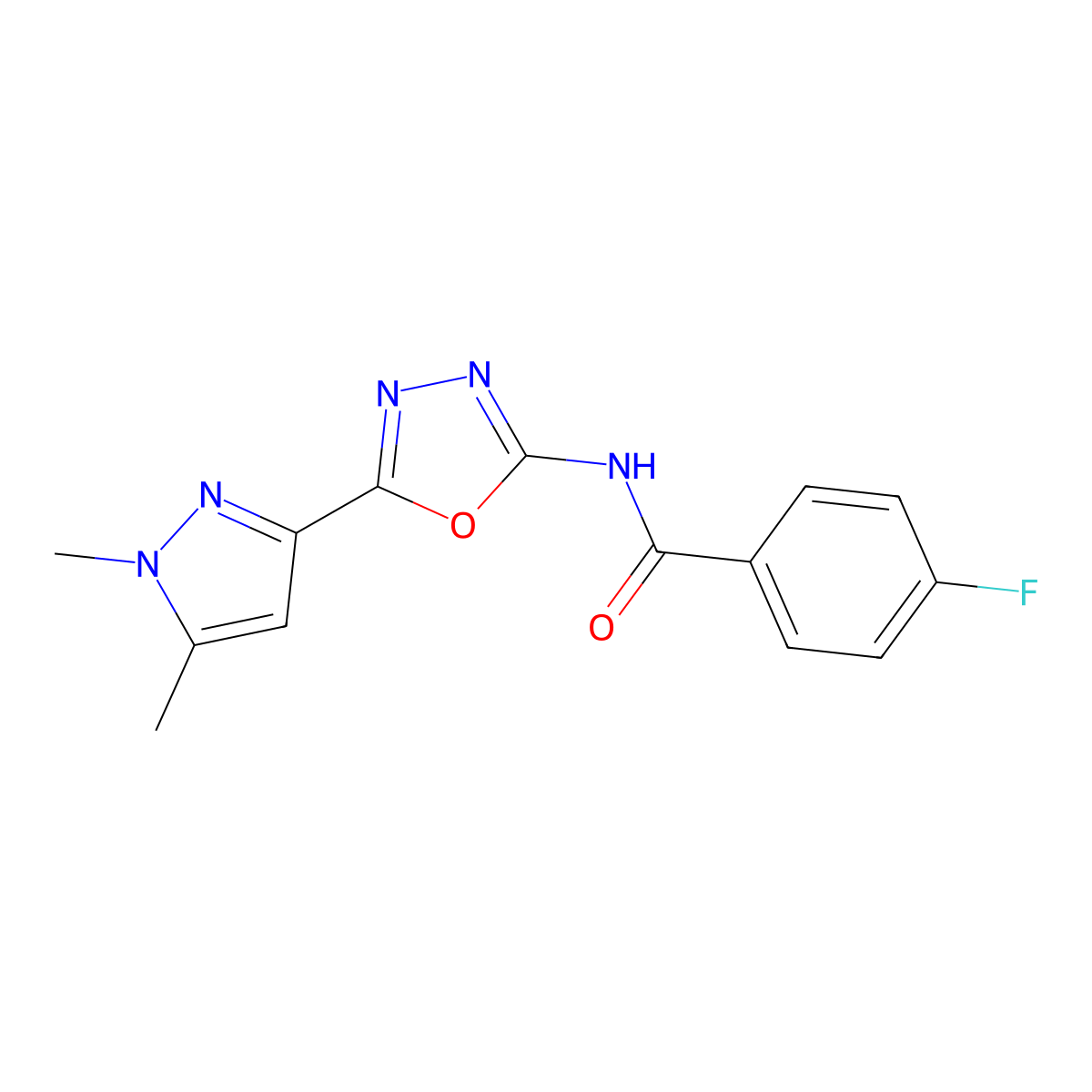 N-[5-(1,5-dimethyl-1H-pyrazol-3-yl)-1,3,4-oxadiazol-2-yl]-4-fluorobenzamide molecular structure, CAS 1019101-42-8