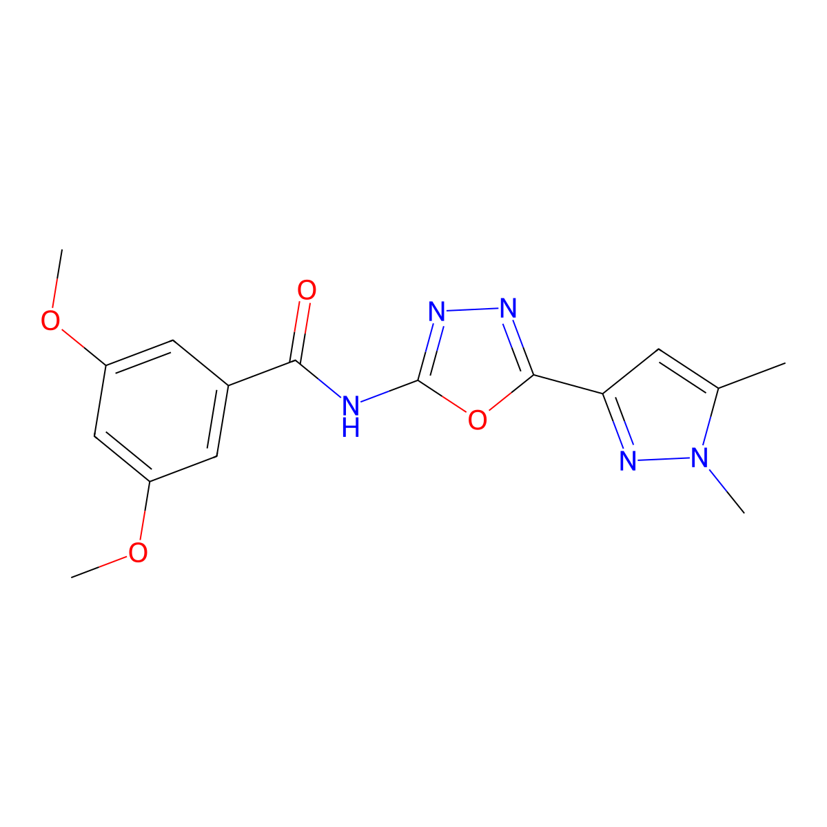 N-[5-(1,5-dimethyl-1H-pyrazol-3-yl)-1,3,4-oxadiazol-2-yl]-3,5-dimethoxybenzamide molecular structure, CAS 1019101-43-9