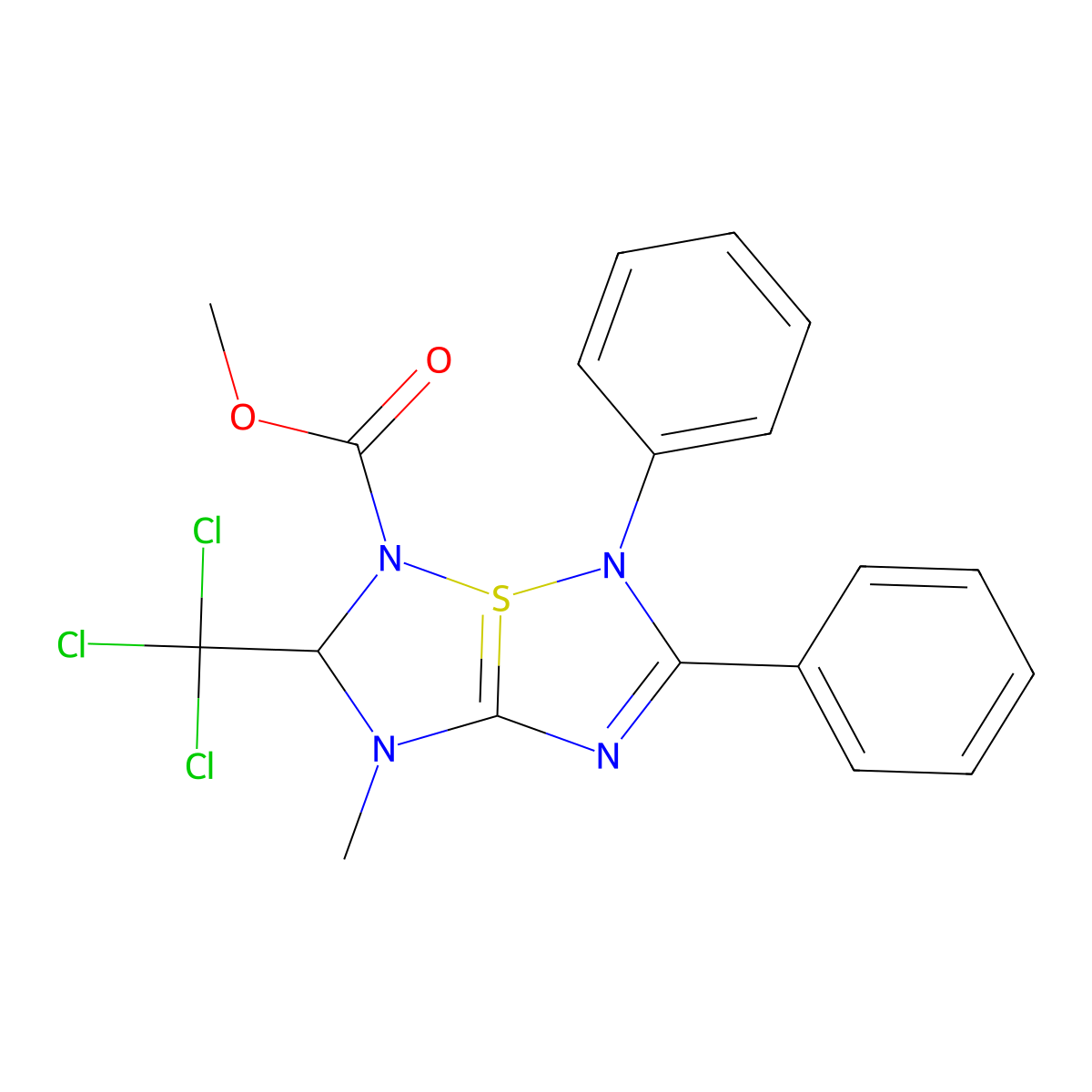 methyl 1-methyl-5,6-diphenyl-2-(trichloromethyl)-1H,2H,3H,5H-4lambda4-[1,2,4]thiadiazolo[5,1-e][1,2,4]thiadiazole-3-carboxylate molecular structure, CAS 1019101-49-5