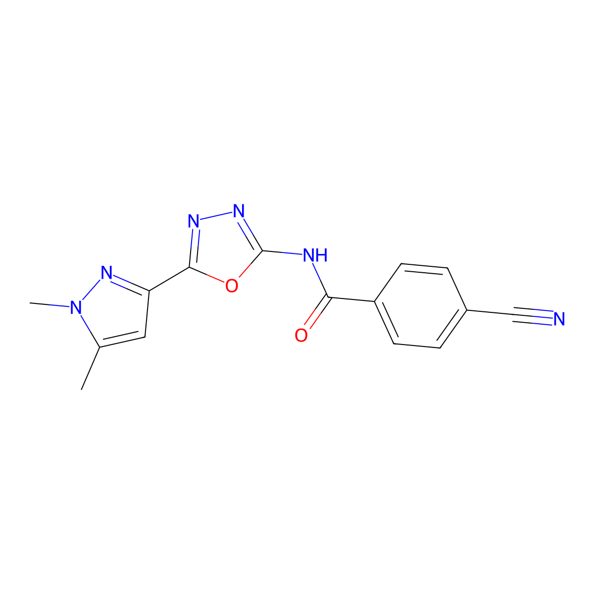 4-cyano-N-[5-(1,5-dimethyl-1H-pyrazol-3-yl)-1,3,4-oxadiazol-2-yl]benzamide molecular structure, CAS 1019101-55-3