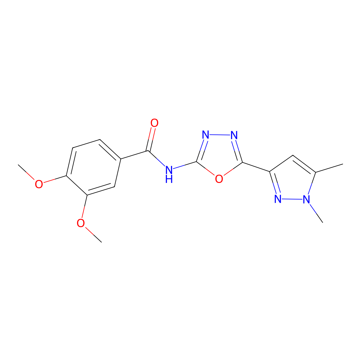 N-[5-(1,5-dimethyl-1H-pyrazol-3-yl)-1,3,4-oxadiazol-2-yl]-3,4-dimethoxybenzamide molecular structure, CAS 1019101-57-5
