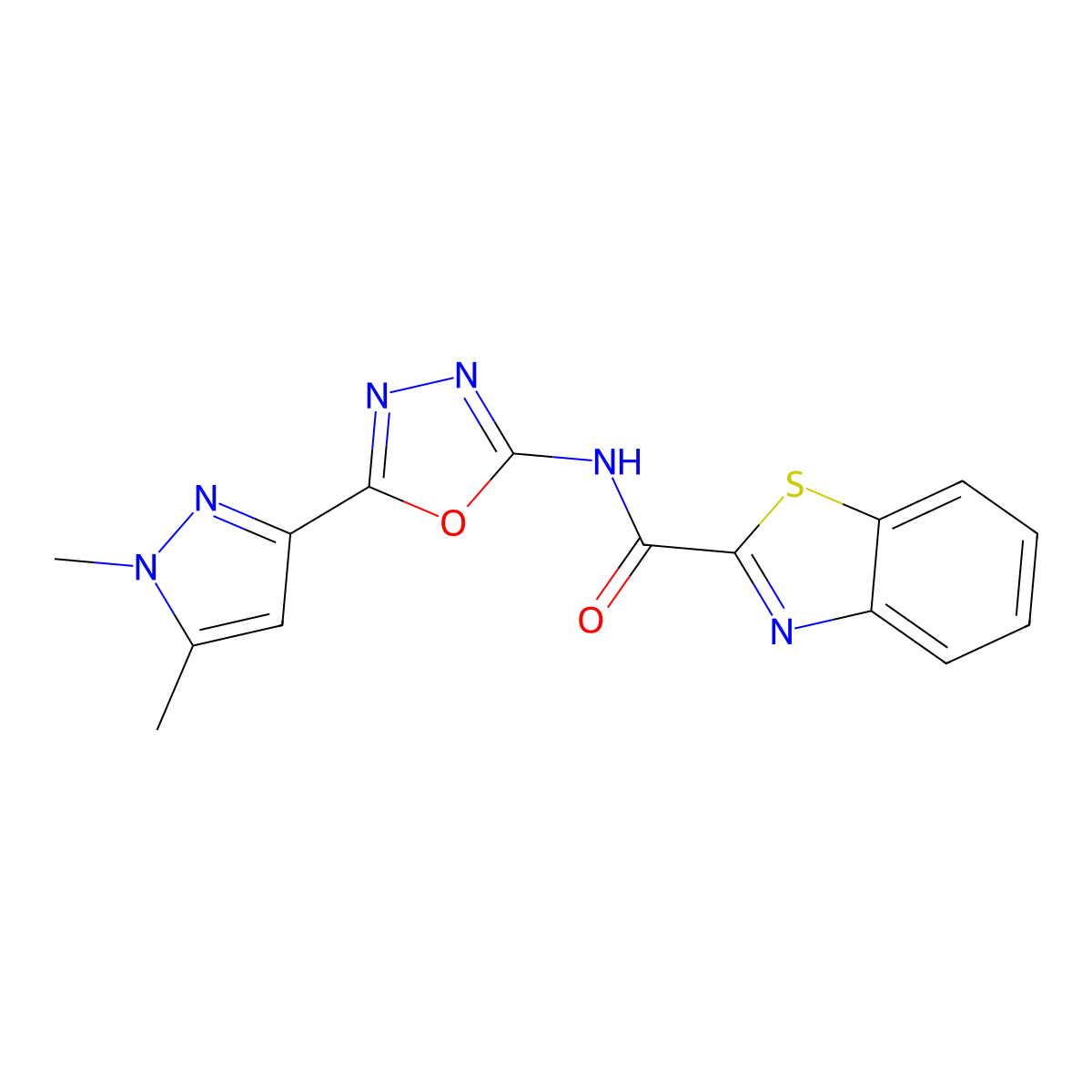 N-[5-(1,5-dimethyl-1H-pyrazol-3-yl)-1,3,4-oxadiazol-2-yl]-1,3-benzothiazole-2-carboxamide molecular structure, CAS 1019101-59-7