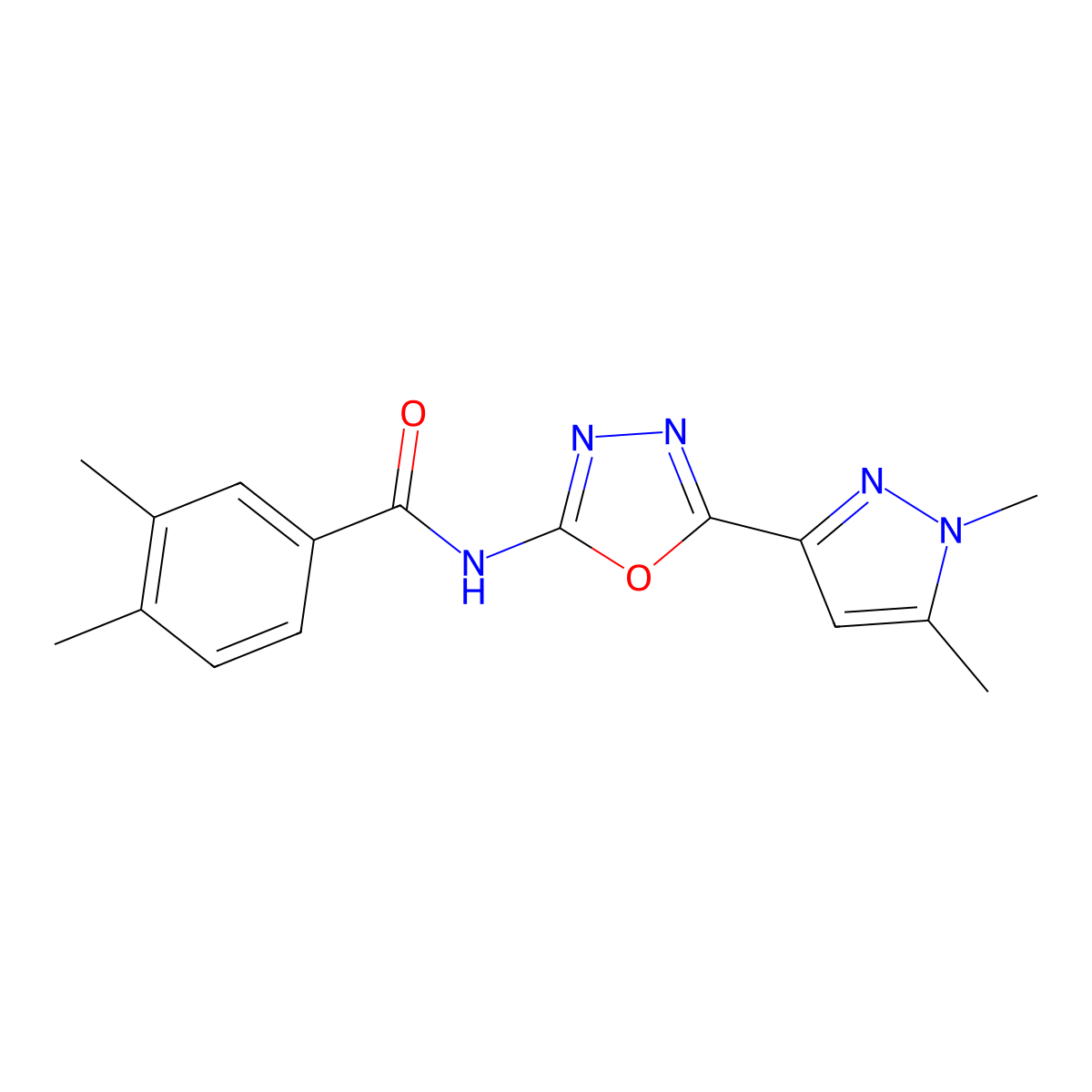 N-[5-(1,5-dimethyl-1H-pyrazol-3-yl)-1,3,4-oxadiazol-2-yl]-3,4-dimethylbenzamide molecular structure, CAS 1019101-63-3