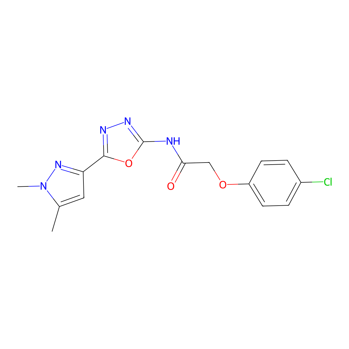 2-(4-chlorophenoxy)-N-[5-(1,5-dimethyl-1H-pyrazol-3-yl)-1,3,4-oxadiazol-2-yl]acetamide molecular structure, CAS 1019101-64-4