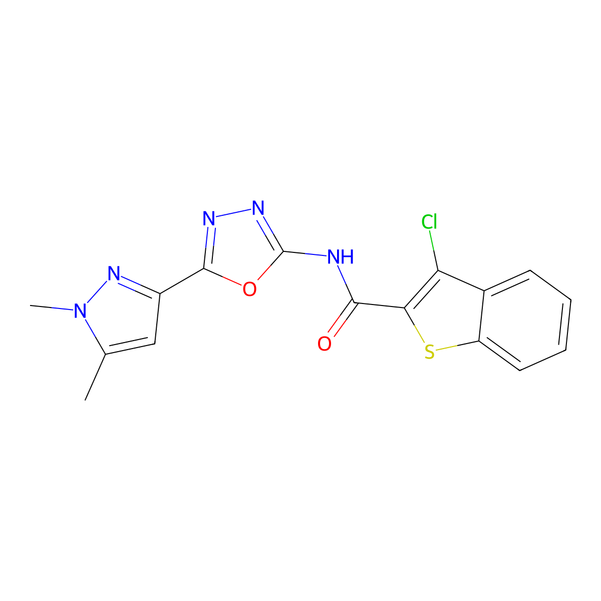 3-chloro-N-[5-(1,5-dimethyl-1H-pyrazol-3-yl)-1,3,4-oxadiazol-2-yl]-1-benzothiophene-2-carboxamide molecular structure, CAS 1019101-65-5
