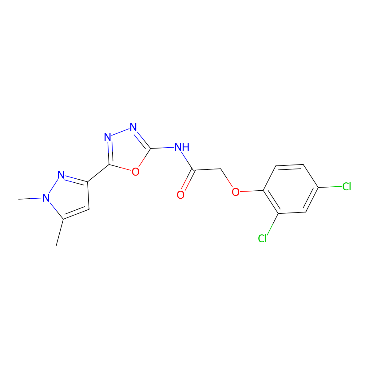 2-(2,4-dichlorophenoxy)-N-[5-(1,5-dimethyl-1H-pyrazol-3-yl)-1,3,4-oxadiazol-2-yl]acetamide molecular structure, CAS 1019101-67-7