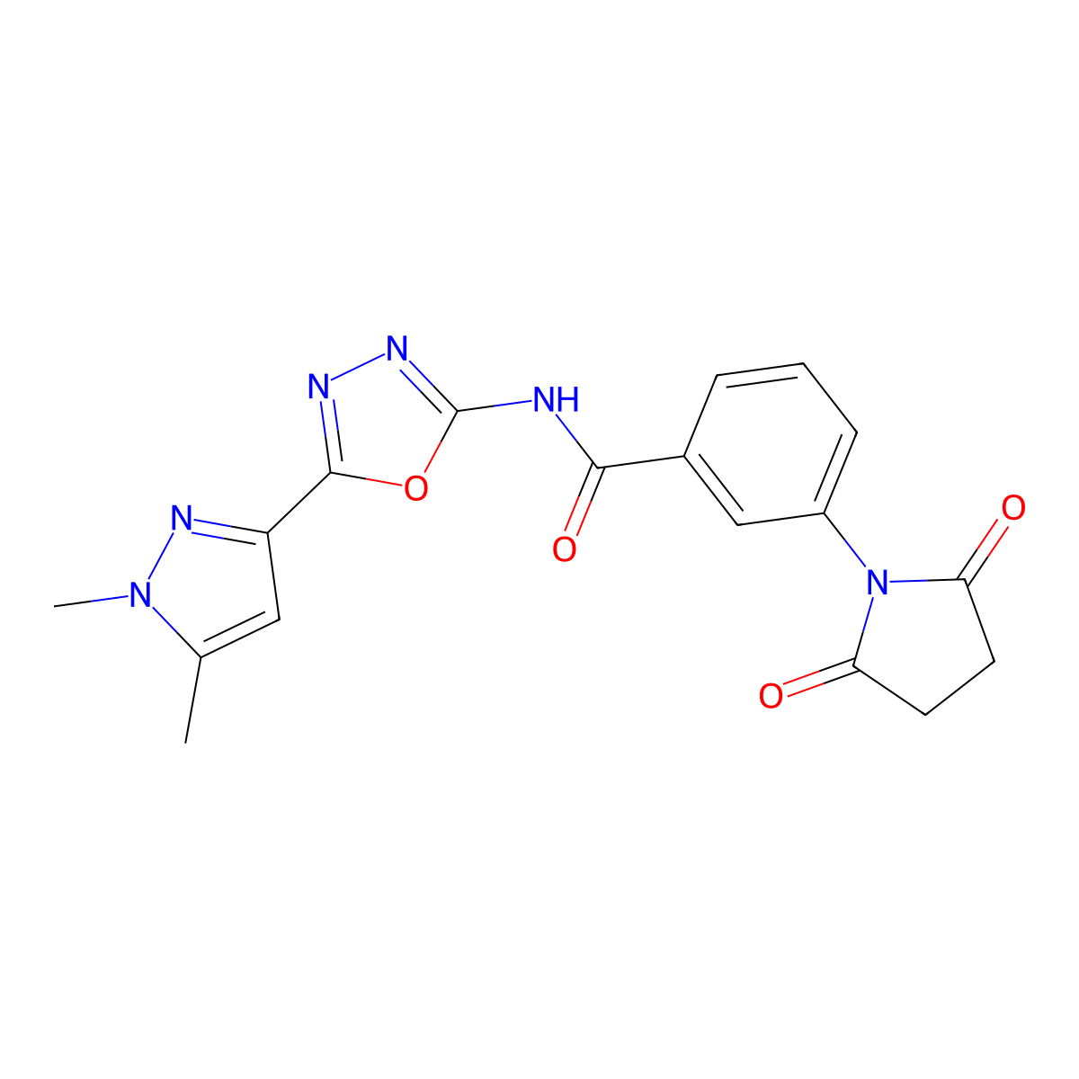 N-[5-(1,5-dimethyl-1H-pyrazol-3-yl)-1,3,4-oxadiazol-2-yl]-3-(2,5-dioxopyrrolidin-1-yl)benzamide molecular structure, CAS 1019101-68-8