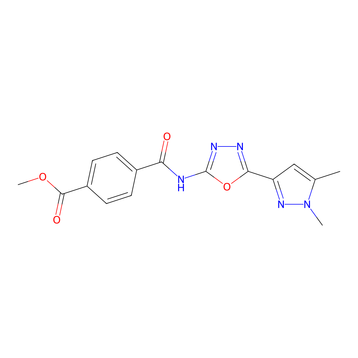 methyl 4-{[5-(1,5-dimethyl-1H-pyrazol-3-yl)-1,3,4-oxadiazol-2-yl]carbamoyl}benzoate molecular structure, CAS 1019101-69-9