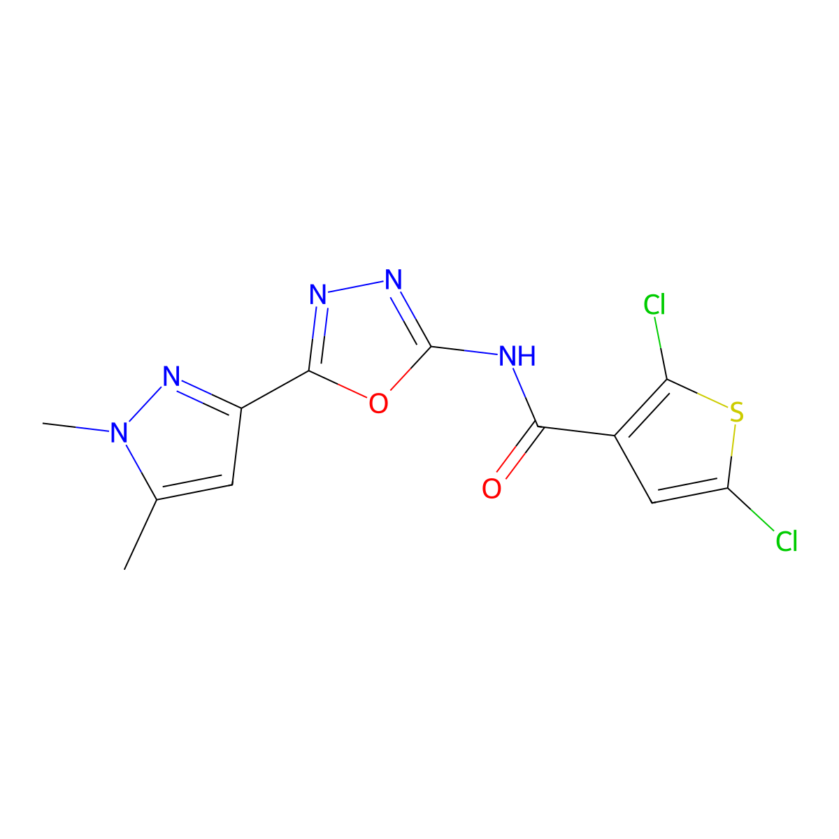 2,5-dichloro-N-[5-(1,5-dimethyl-1H-pyrazol-3-yl)-1,3,4-oxadiazol-2-yl]thiophene-3-carboxamide molecular structure, CAS 1019101-71-3