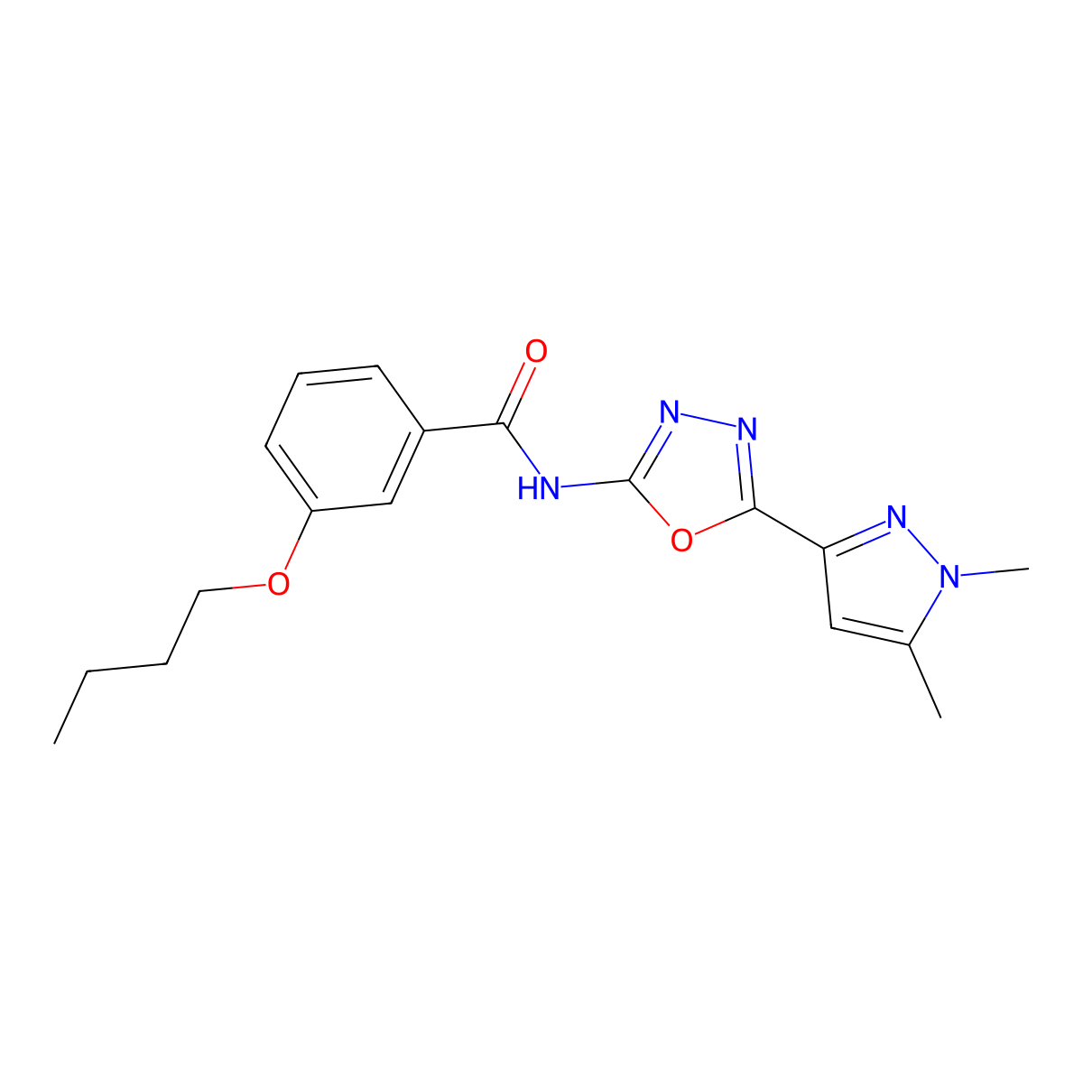 3-butoxy-N-[5-(1,5-dimethyl-1H-pyrazol-3-yl)-1,3,4-oxadiazol-2-yl]benzamide molecular structure, CAS 1019101-72-4