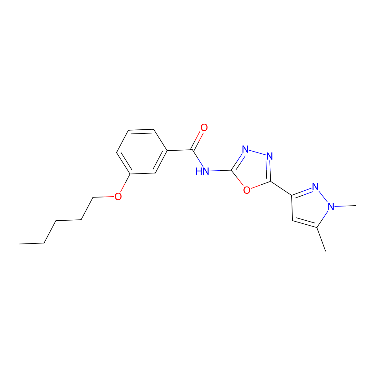 N-(5-(1,5-dimethyl-1H-pyrazol-3-yl)-1,3,4-oxadiazol-2-yl)-3-(pentyloxy)benzamide molecular structure, CAS 1019101-73-5