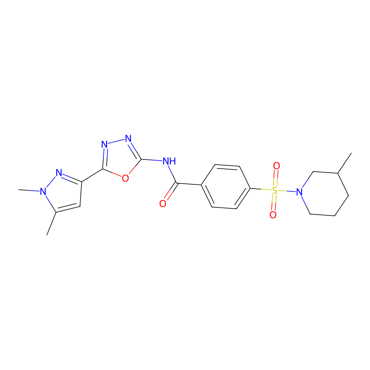 N-(5-(1,5-dimethyl-1H-pyrazol-3-yl)-1,3,4-oxadiazol-2-yl)-4-((3-methylpiperidin-1-yl)sulfonyl)benzamide molecular structure, CAS 1019101-75-7