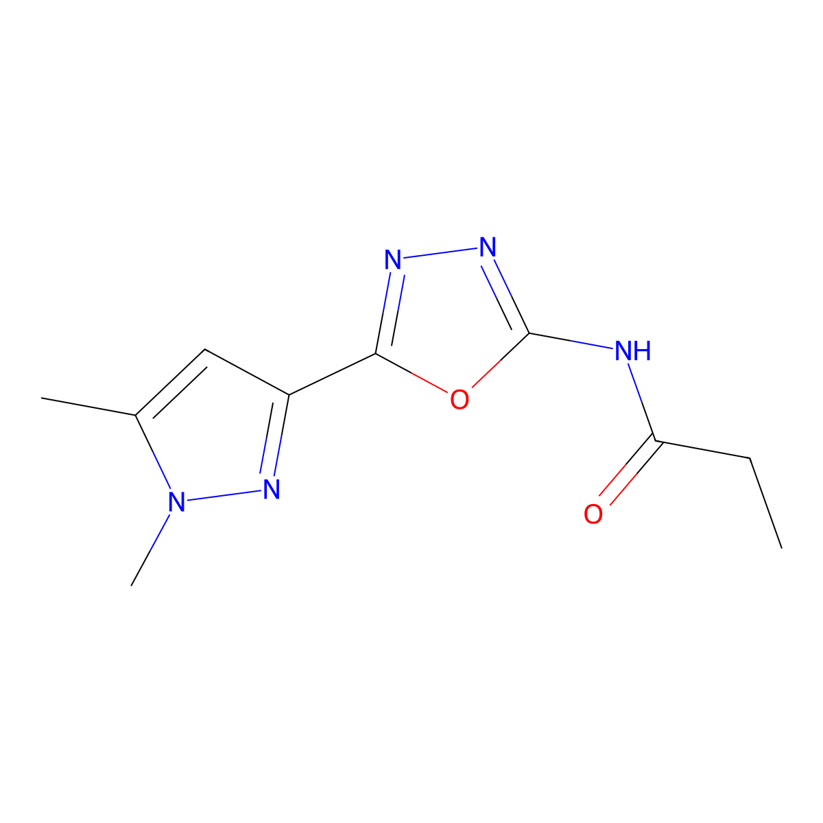 N-[5-(1,5-dimethyl-1H-pyrazol-3-yl)-1,3,4-oxadiazol-2-yl]propanamide molecular structure, CAS 1019101-76-8