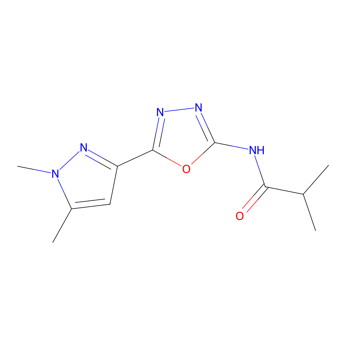N-(5-(1,5-dimethyl-1H-pyrazol-3-yl)-1,3,4-oxadiazol-2-yl)isobutyramide molecular structure, CAS 1019101-77-9