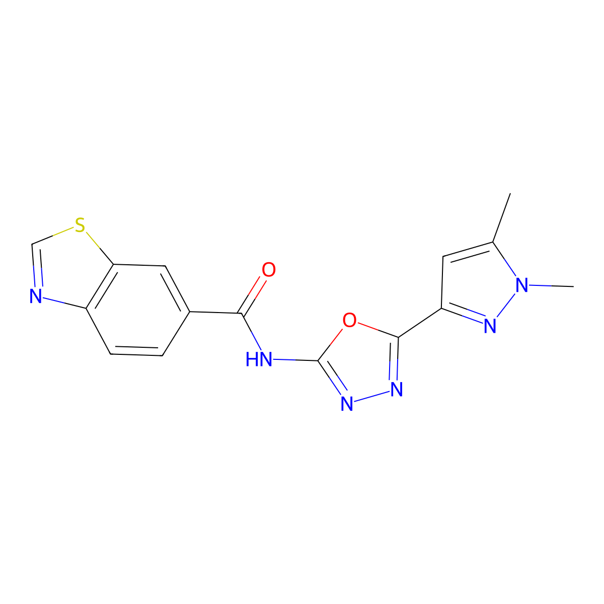N-[5-(1,5-dimethyl-1H-pyrazol-3-yl)-1,3,4-oxadiazol-2-yl]-1,3-benzothiazole-6-carboxamide molecular structure, CAS 1019101-87-1