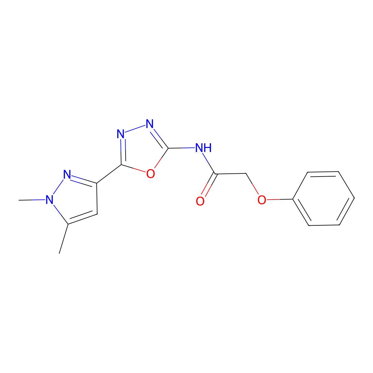 N-[5-(1,5-dimethyl-1H-pyrazol-3-yl)-1,3,4-oxadiazol-2-yl]-2-phenoxyacetamide molecular structure, CAS 1019101-88-2