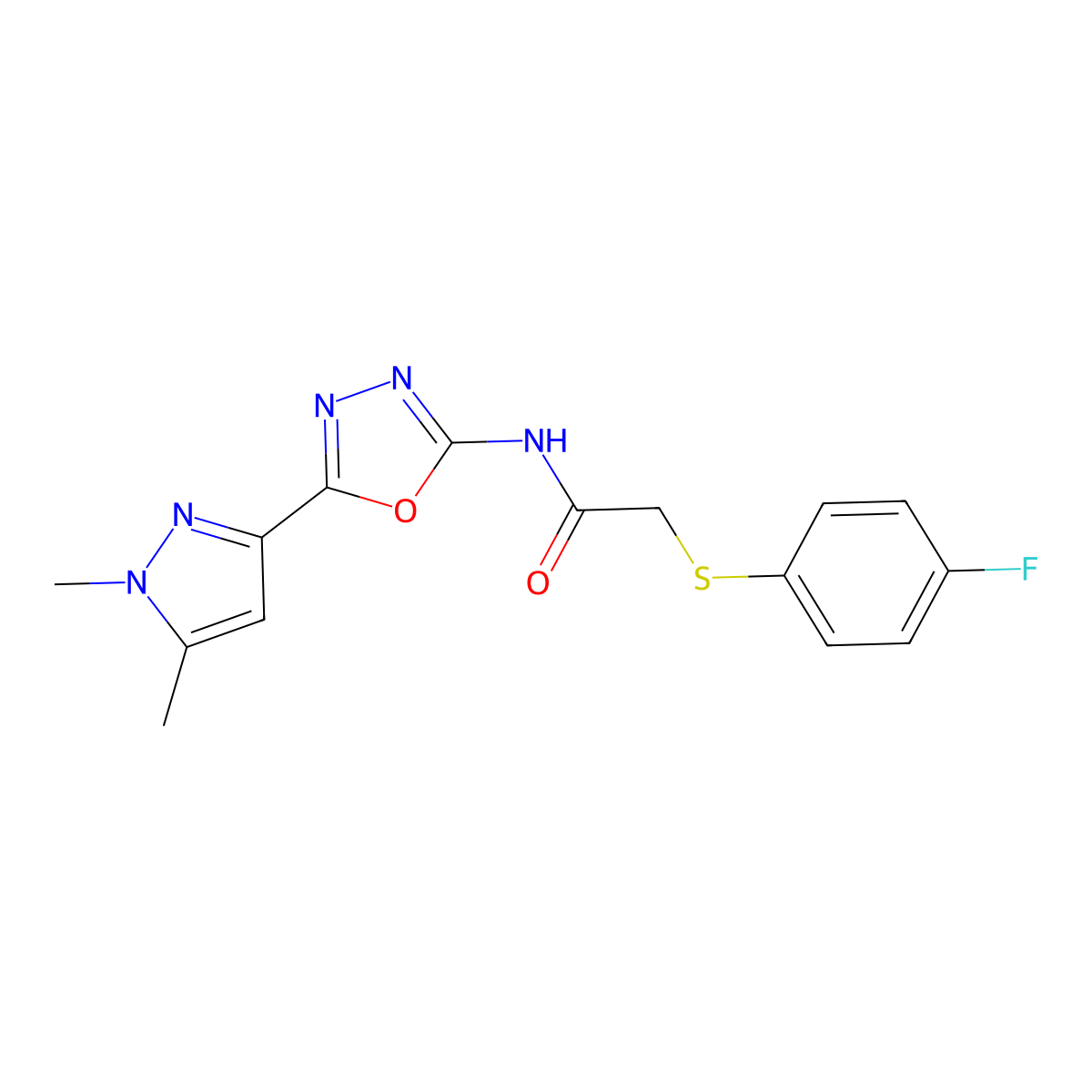 N-[5-(1,5-dimethyl-1H-pyrazol-3-yl)-1,3,4-oxadiazol-2-yl]-2-[(4-fluorophenyl)sulfanyl]acetamide molecular structure, CAS 1019101-89-3