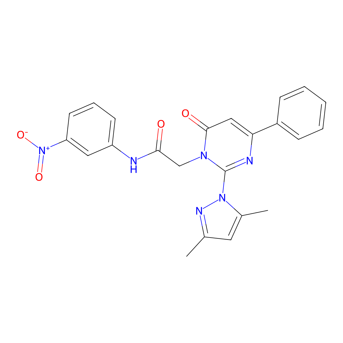 2-(2-(3,5-dimethyl-1H-pyrazol-1-yl)-6-oxo-4-phenylpyrimidin-1(6H)-yl)-N-(3-nitrophenyl)acetamide molecular structure, CAS 1019101-90-6