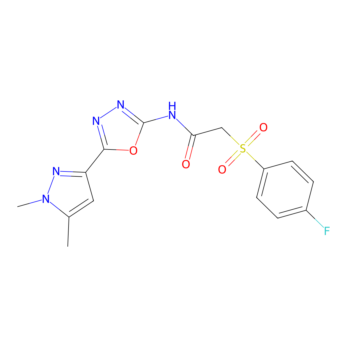 N-[5-(1,5-dimethyl-1H-pyrazol-3-yl)-1,3,4-oxadiazol-2-yl]-2-(4-fluorobenzenesulfonyl)acetamide molecular structure, CAS 1019101-91-7