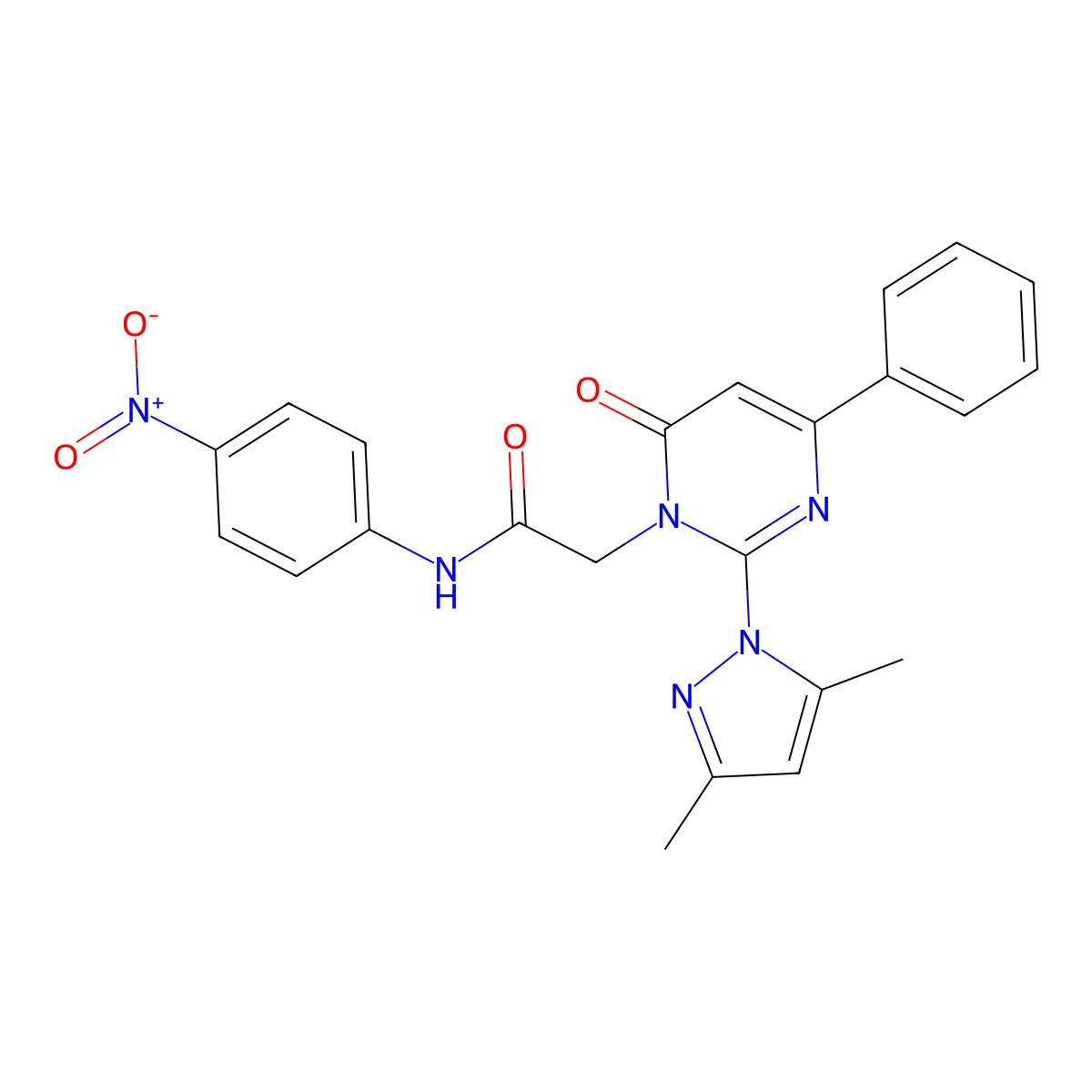 2-(2-(3,5-dimethyl-1H-pyrazol-1-yl)-6-oxo-4-phenylpyrimidin-1(6H)-yl)-N-(4-nitrophenyl)acetamide molecular structure, CAS 1019101-92-8