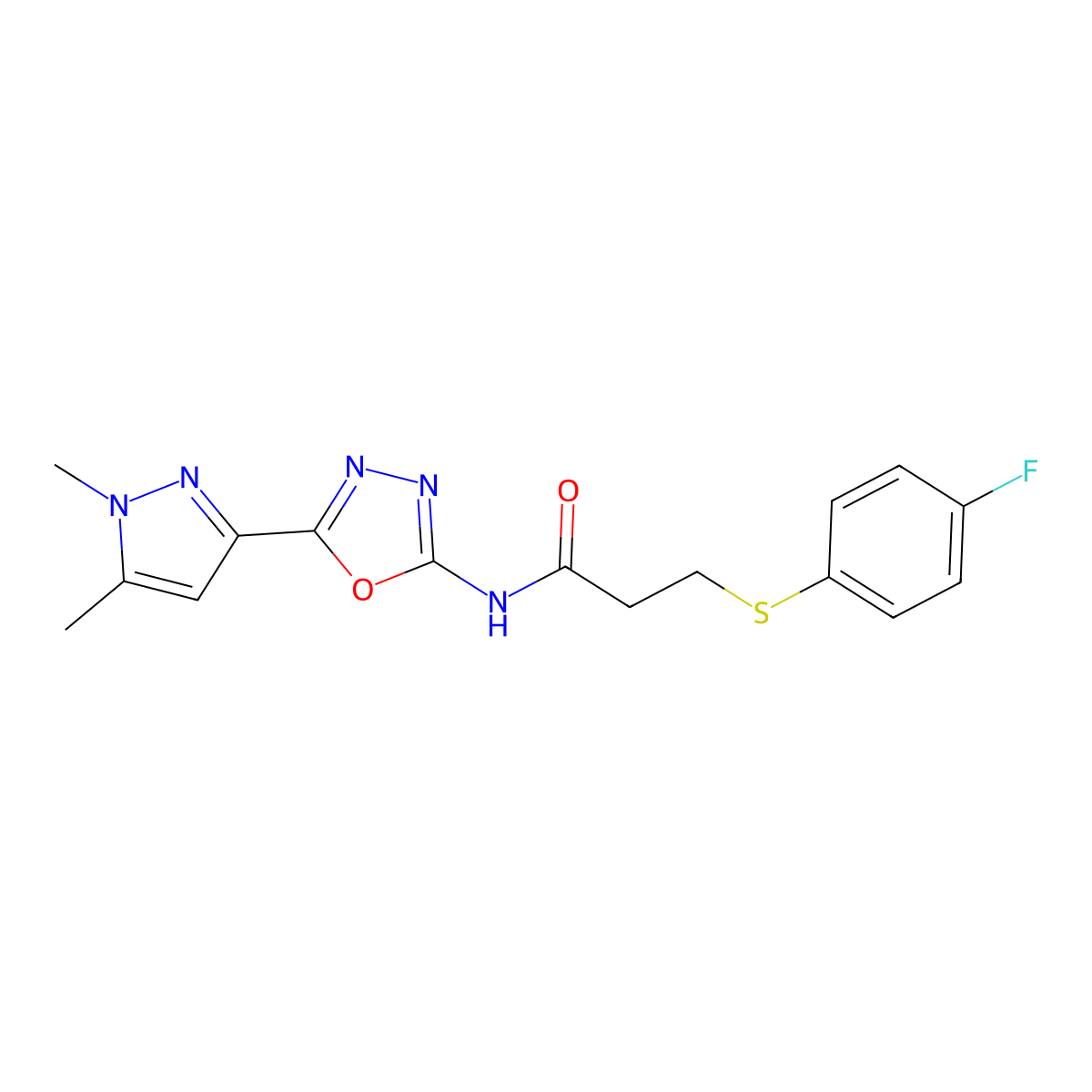 N-[5-(1,5-dimethyl-1H-pyrazol-3-yl)-1,3,4-oxadiazol-2-yl]-3-[(4-fluorophenyl)sulfanyl]propanamide molecular structure, CAS 1019101-93-9