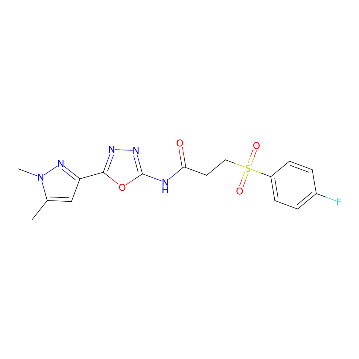 N-[5-(1,5-dimethyl-1H-pyrazol-3-yl)-1,3,4-oxadiazol-2-yl]-3-(4-fluorobenzenesulfonyl)propanamide molecular structure, CAS 1019101-94-0