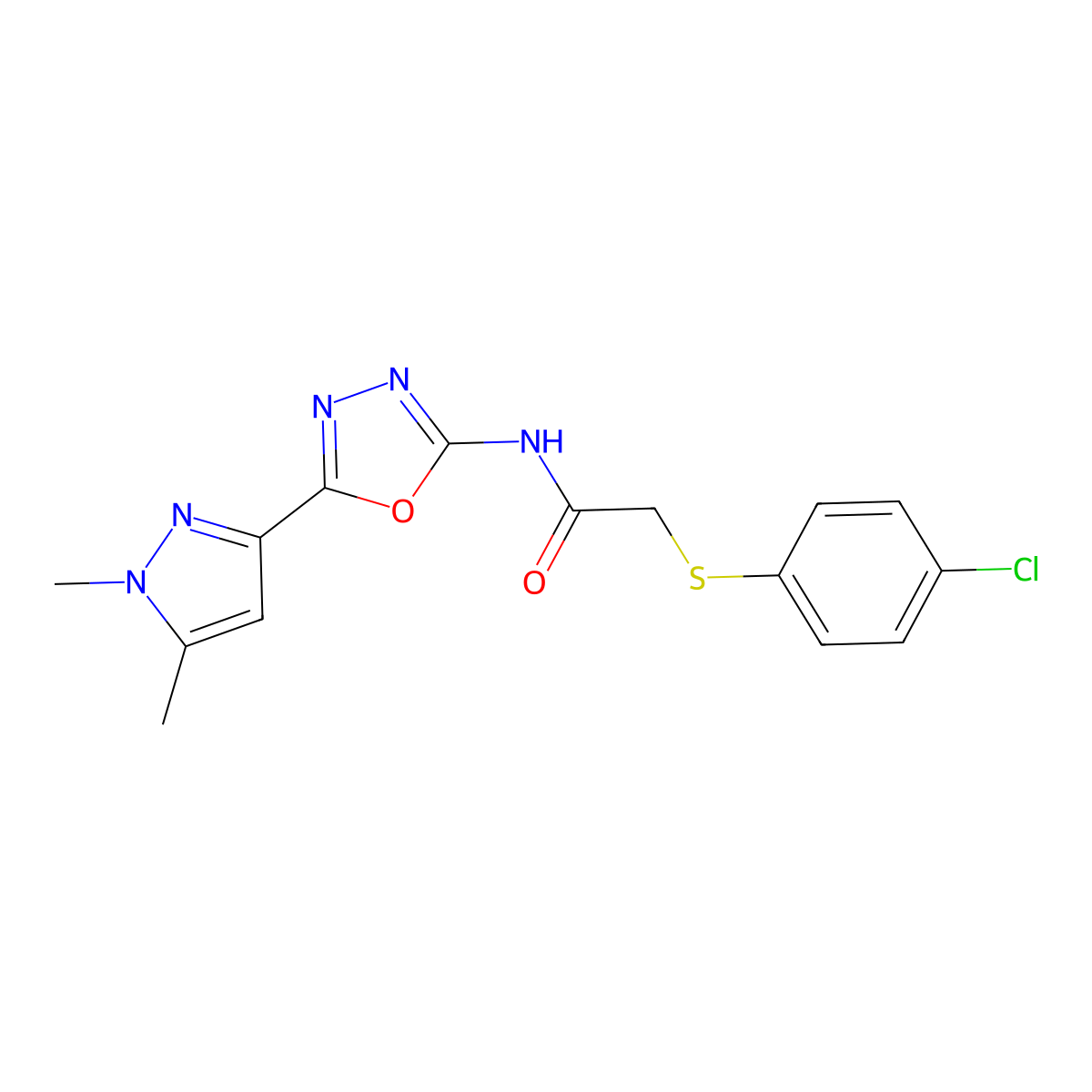 2-[(4-chlorophenyl)sulfanyl]-N-[5-(1,5-dimethyl-1H-pyrazol-3-yl)-1,3,4-oxadiazol-2-yl]acetamide molecular structure, CAS 1019101-96-2