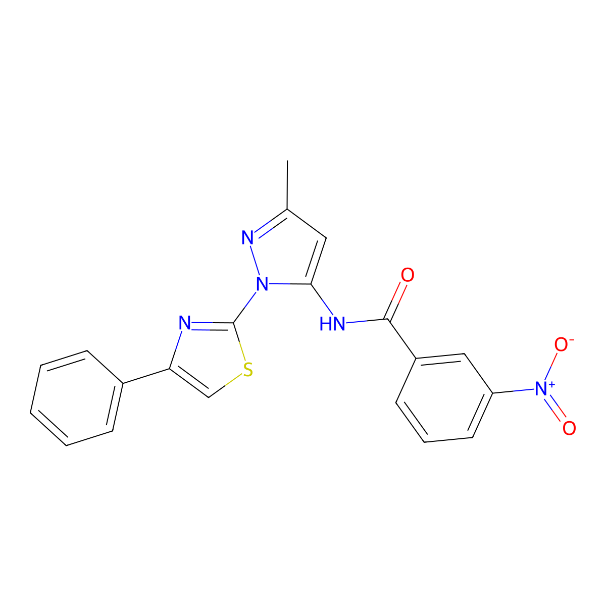 N-(3-methyl-1-(4-phenylthiazol-2-yl)-1H-pyrazol-5-yl)-3-nitrobenzamide molecular structure, CAS 1019101-97-3