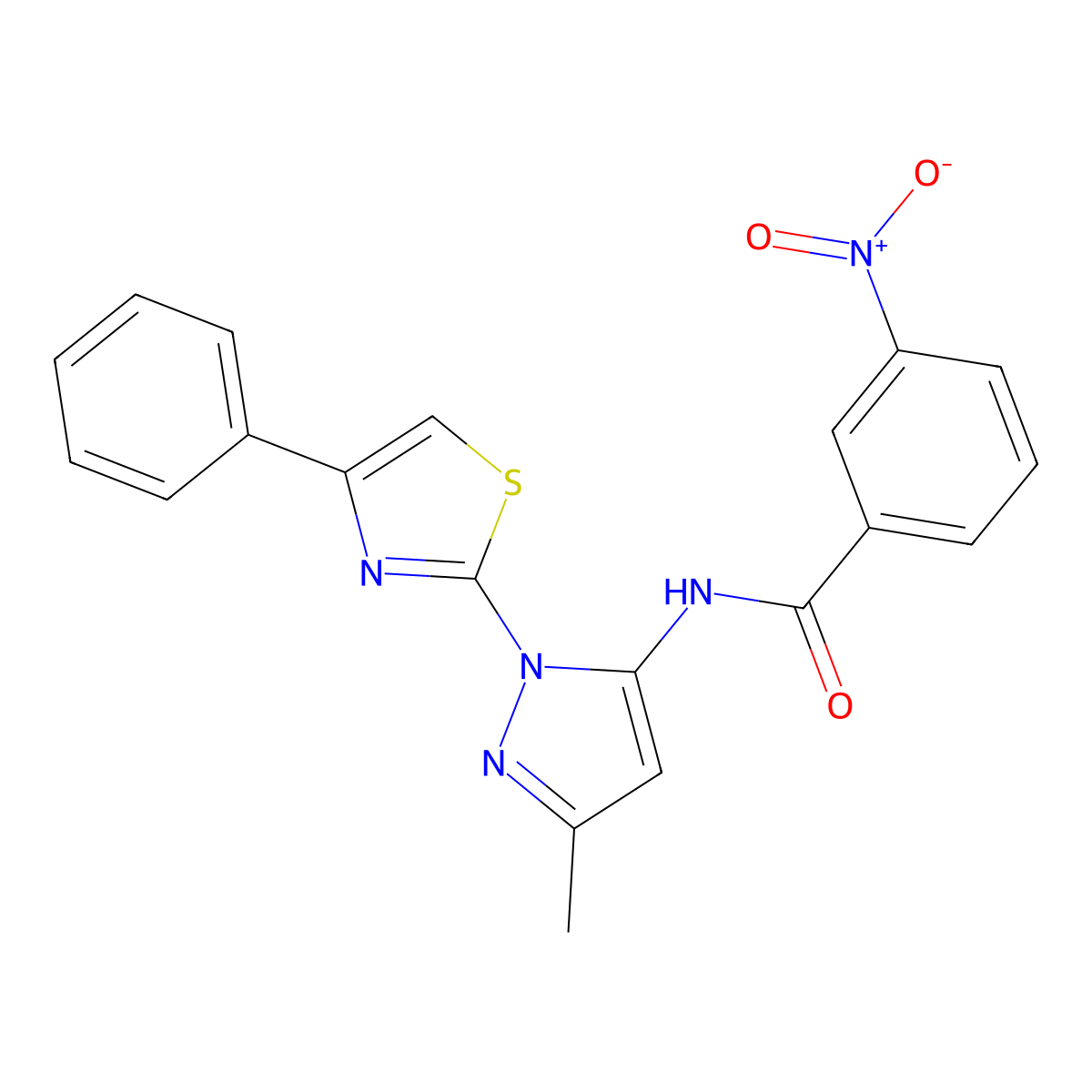 N-(3-methyl-1-(4-phenylthiazol-2-yl)-1H-pyrazol-5-yl)-3-nitrobenzamide molecular structure, CAS 1019101-97-3