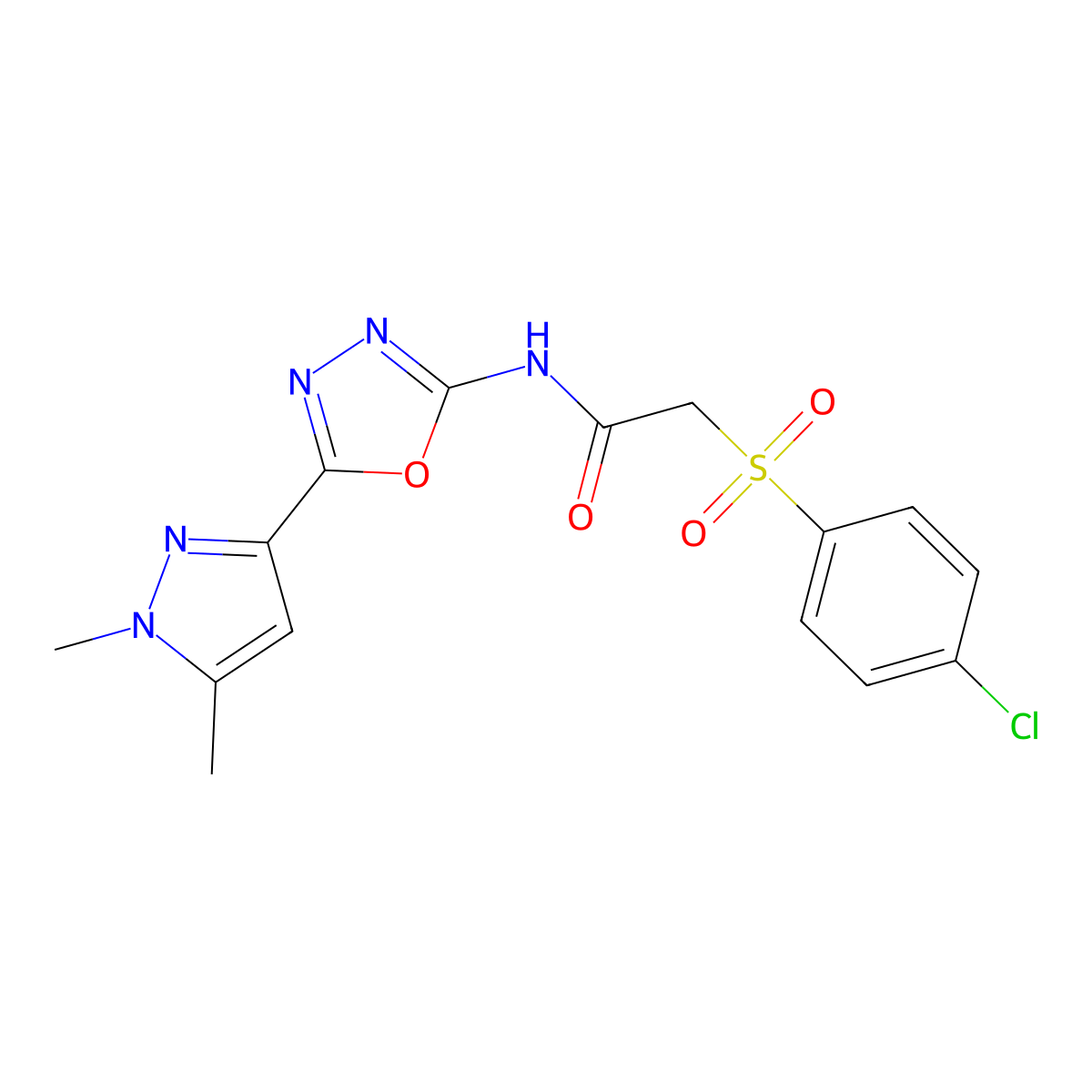 2-(4-chlorobenzenesulfonyl)-N-[5-(1,5-dimethyl-1H-pyrazol-3-yl)-1,3,4-oxadiazol-2-yl]acetamide molecular structure, CAS 1019101-98-4
