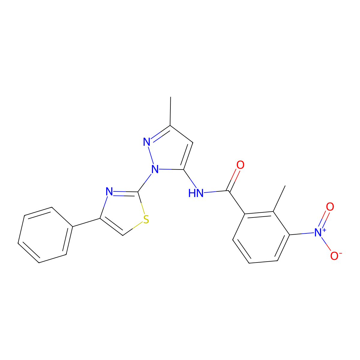 2-methyl-N-(3-methyl-1-(4-phenylthiazol-2-yl)-1H-pyrazol-5-yl)-3-nitrobenzamide molecular structure, CAS 1019101-99-5