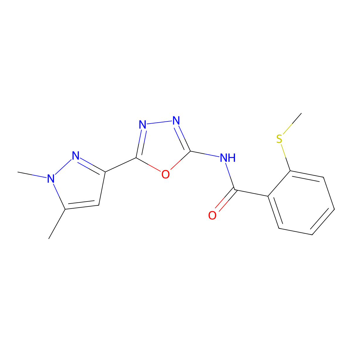 N-[5-(1,5-dimethyl-1H-pyrazol-3-yl)-1,3,4-oxadiazol-2-yl]-2-(methylsulfanyl)benzamide molecular structure, CAS 1019102-00-1