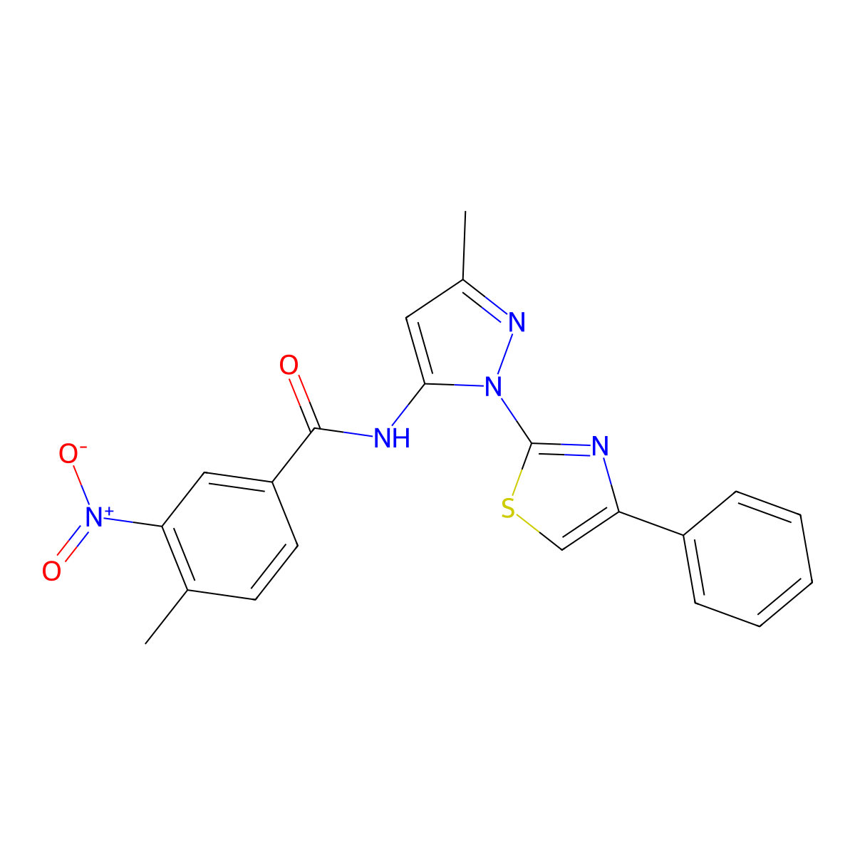 4-methyl-N-(3-methyl-1-(4-phenylthiazol-2-yl)-1H-pyrazol-5-yl)-3-nitrobenzamide molecular structure, CAS 1019102-01-2