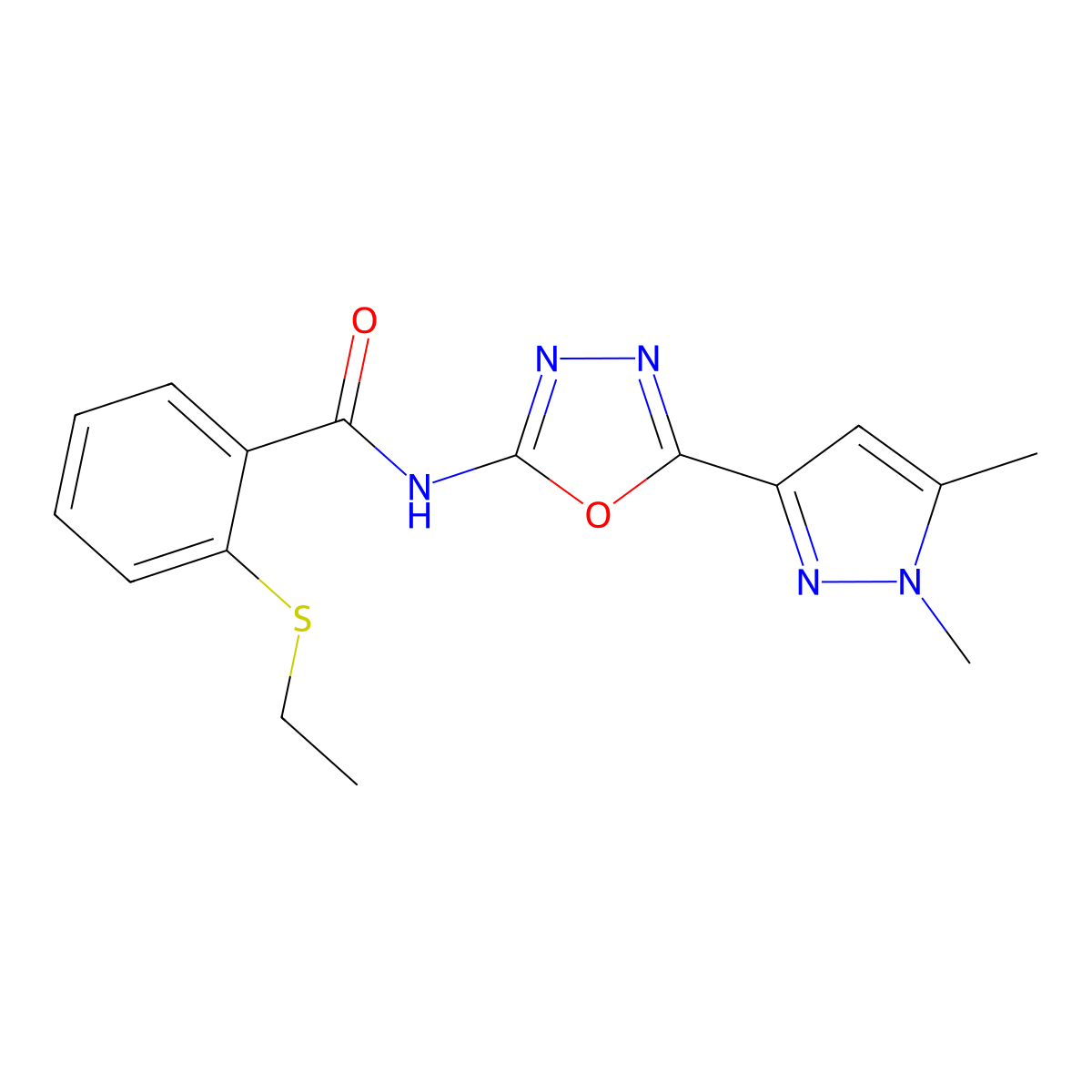 N-[5-(1,5-dimethyl-1H-pyrazol-3-yl)-1,3,4-oxadiazol-2-yl]-2-(ethylsulfanyl)benzamide molecular structure, CAS 1019102-02-3