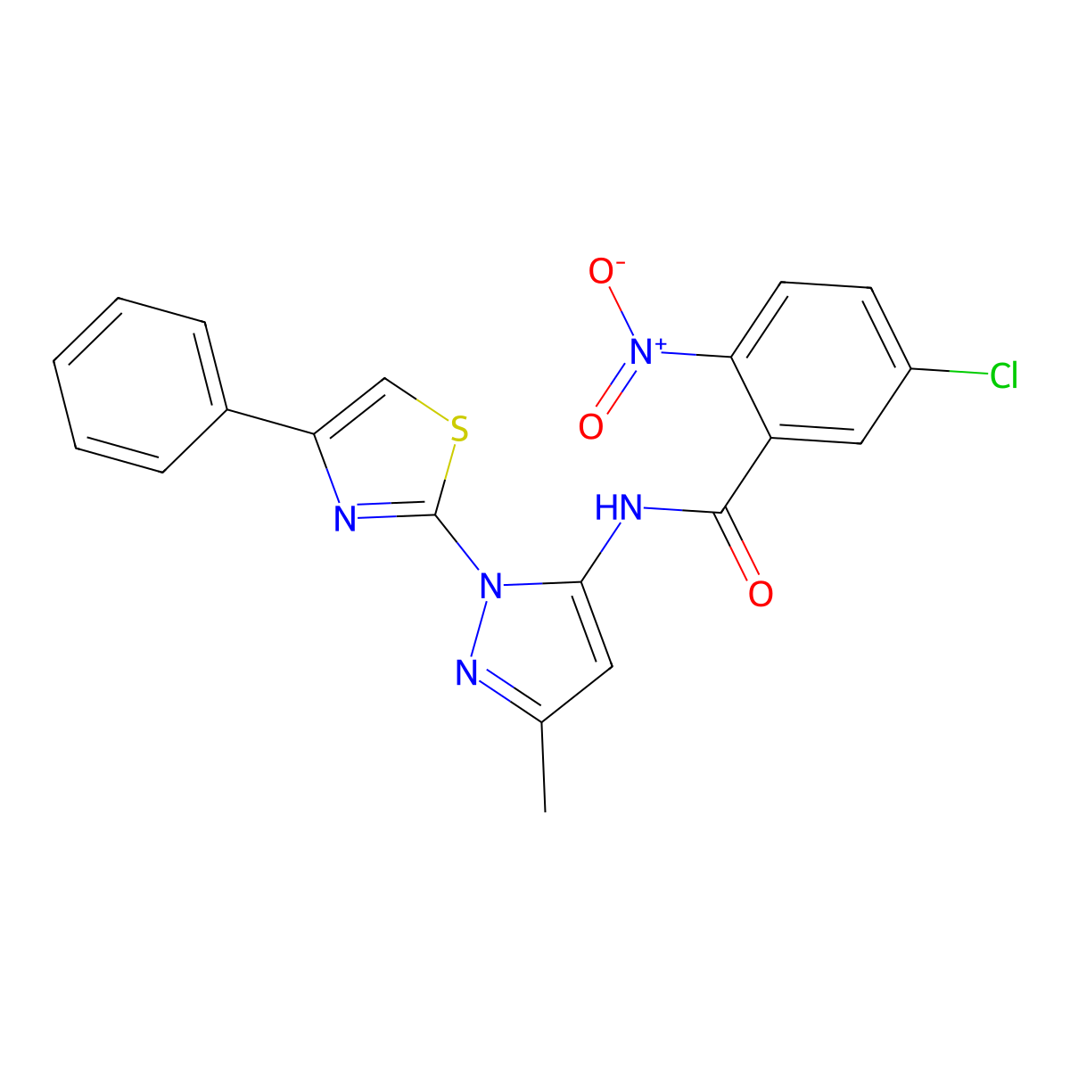 5-chloro-N-(3-methyl-1-(4-phenylthiazol-2-yl)-1H-pyrazol-5-yl)-2-nitrobenzamide molecular structure, CAS 1019102-04-5