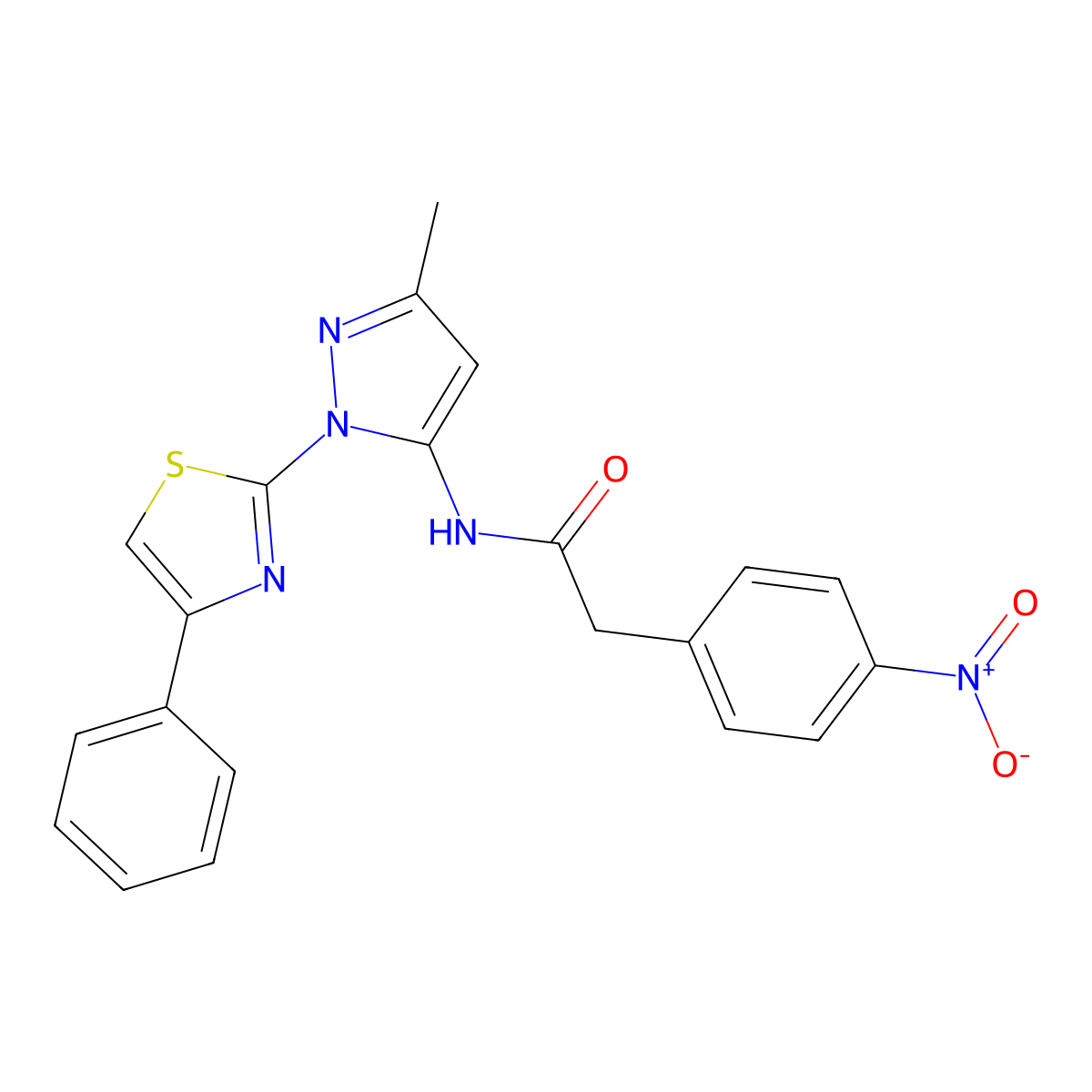 N-(3-methyl-1-(4-phenylthiazol-2-yl)-1H-pyrazol-5-yl)-2-(4-nitrophenyl)acetamide molecular structure, CAS 1019102-06-7