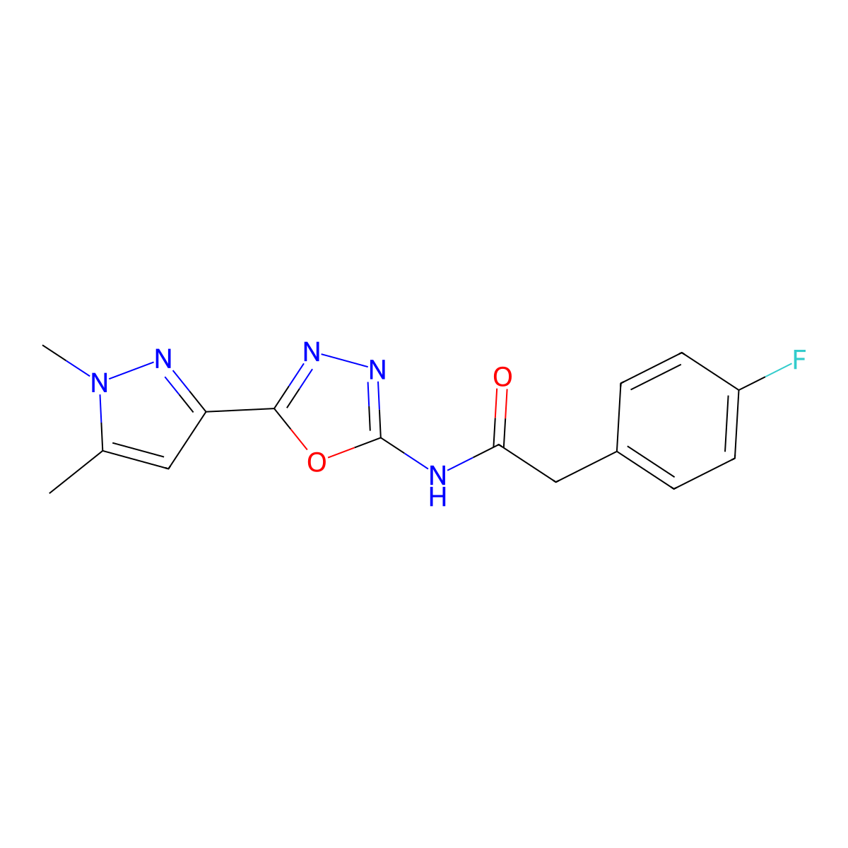 N-[5-(1,5-dimethyl-1H-pyrazol-3-yl)-1,3,4-oxadiazol-2-yl]-2-(4-fluorophenyl)acetamide molecular structure, CAS 1019102-07-8