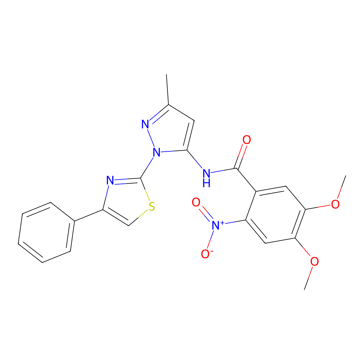 4,5-dimethoxy-N-(3-methyl-1-(4-phenylthiazol-2-yl)-1H-pyrazol-5-yl)-2-nitrobenzamide molecular structure, CAS 1019102-08-9