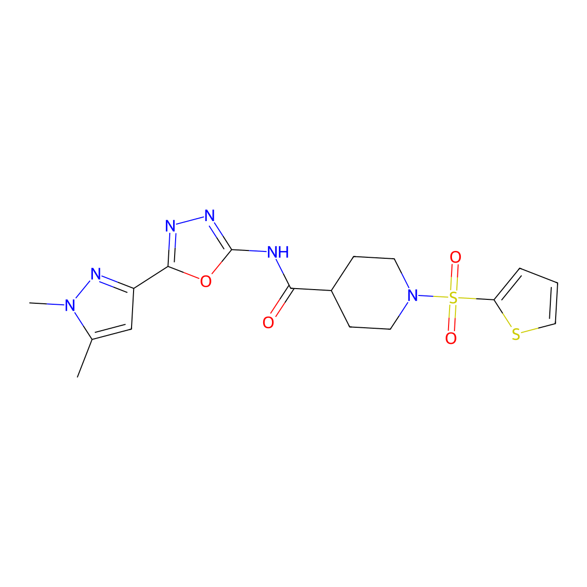 N-[5-(1,5-dimethyl-1H-pyrazol-3-yl)-1,3,4-oxadiazol-2-yl]-1-(thiophene-2-sulfonyl)piperidine-4-carboxamide molecular structure, CAS 1019102-09-0
