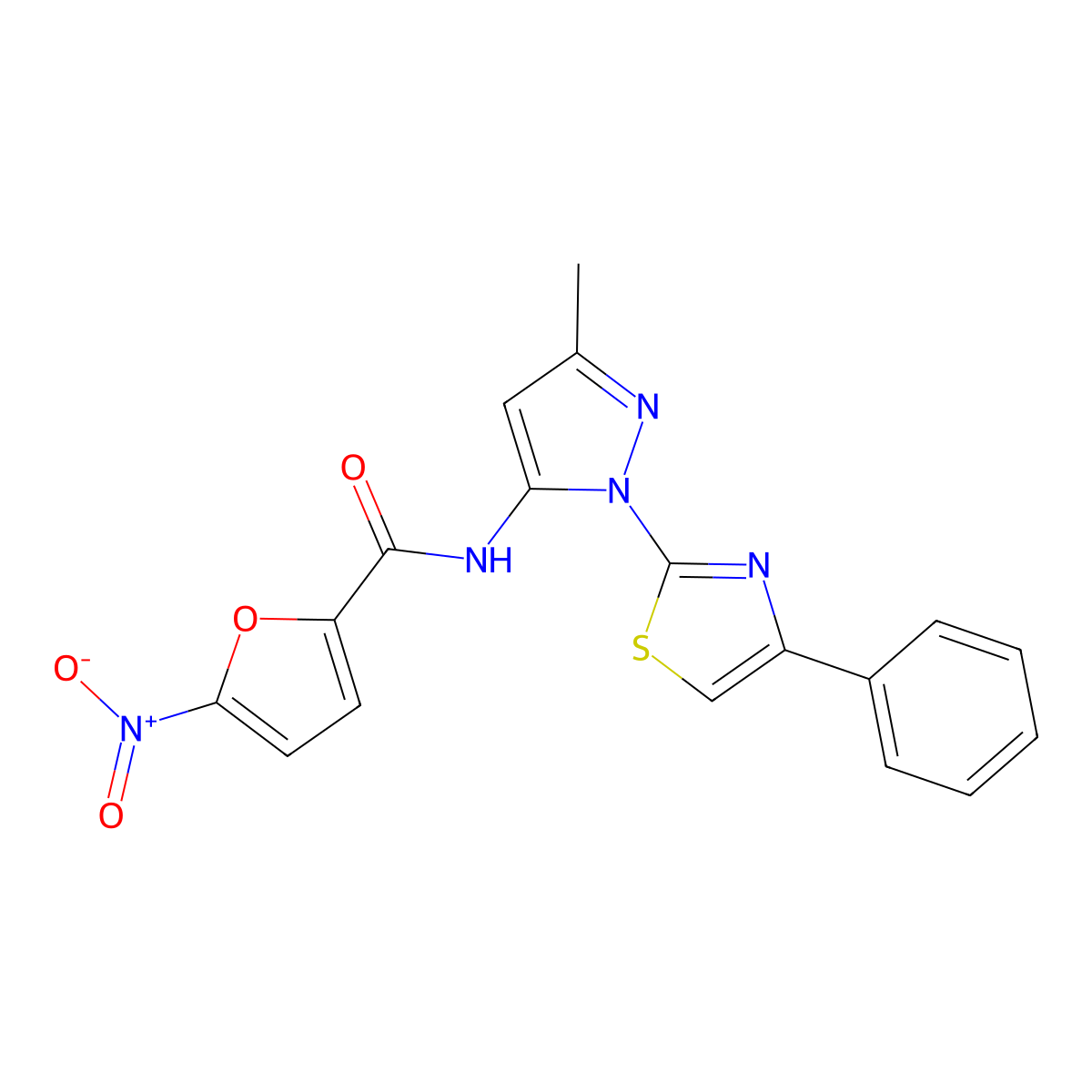 N-(3-methyl-1-(4-phenylthiazol-2-yl)-1H-pyrazol-5-yl)-5-nitrofuran-2-carboxamide molecular structure, CAS 1019102-12-5