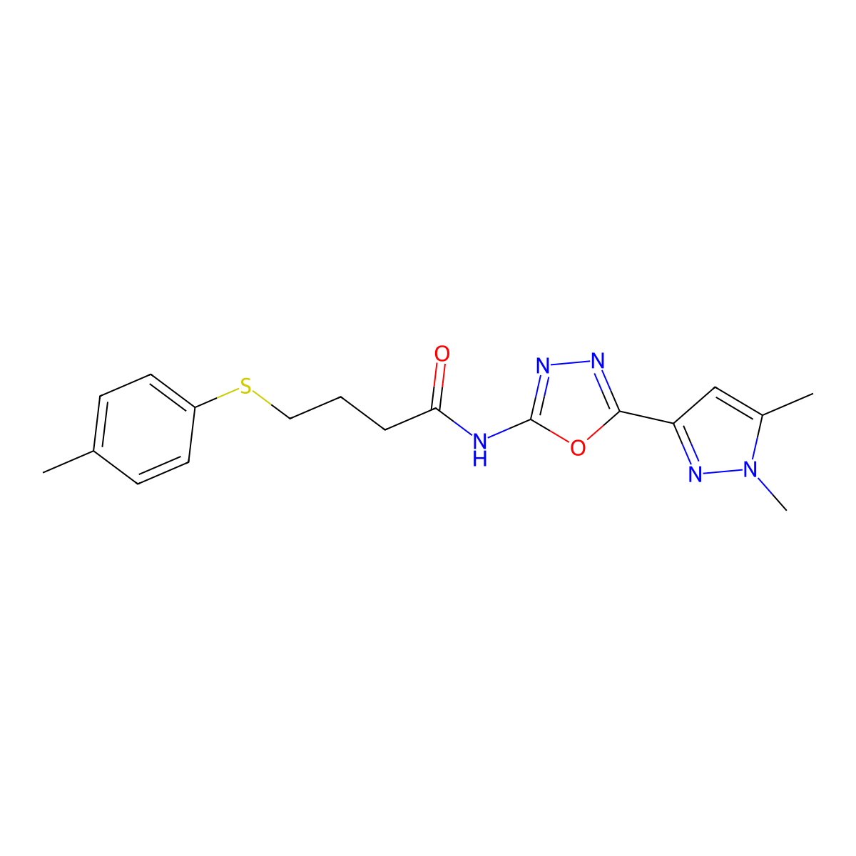 N-[5-(1,5-dimethyl-1H-pyrazol-3-yl)-1,3,4-oxadiazol-2-yl]-4-[(4-methylphenyl)sulfanyl]butanamide molecular structure, CAS 1019102-13-6