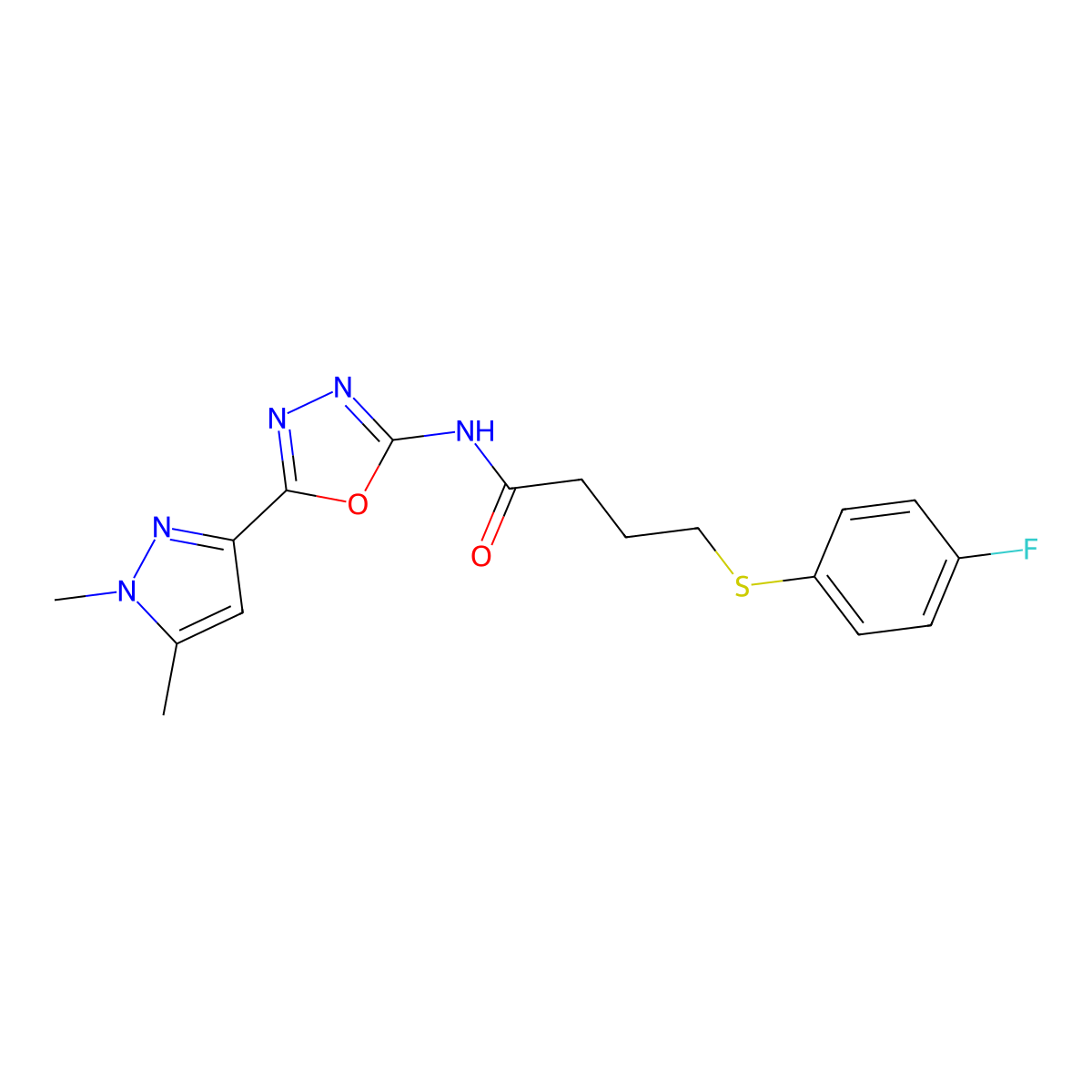 N-[5-(1,5-dimethyl-1H-pyrazol-3-yl)-1,3,4-oxadiazol-2-yl]-4-[(4-fluorophenyl)sulfanyl]butanamide molecular structure, CAS 1019102-16-9