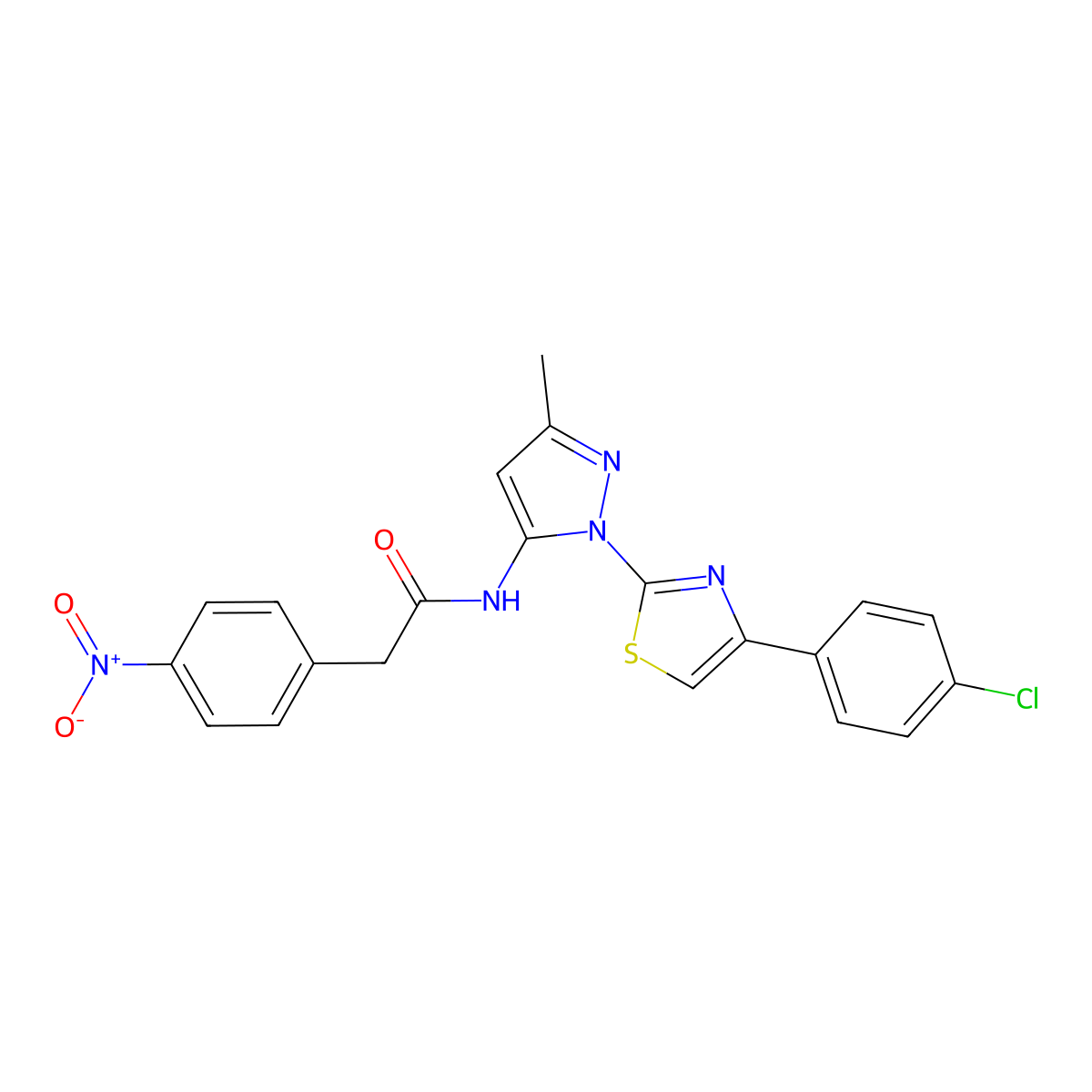 N-(1-(4-(4-chlorophenyl)thiazol-2-yl)-3-methyl-1H-pyrazol-5-yl)-2-(4-nitrophenyl)acetamide molecular structure, CAS 1019102-18-1
